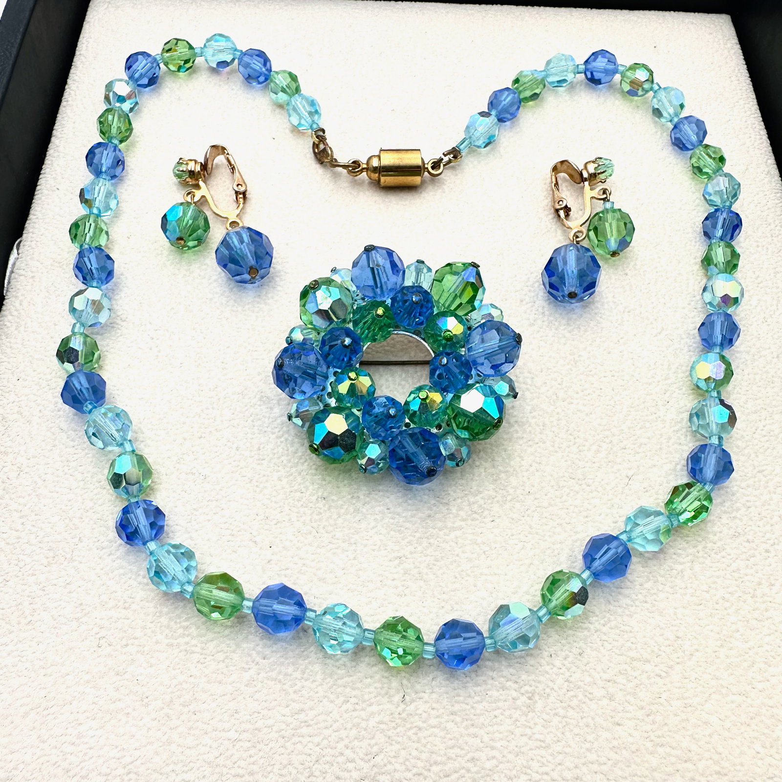 Vintage Blue Green Aurora Borealis Crystal Necklace Brooch and Clip Earrings Set (1 of 2)