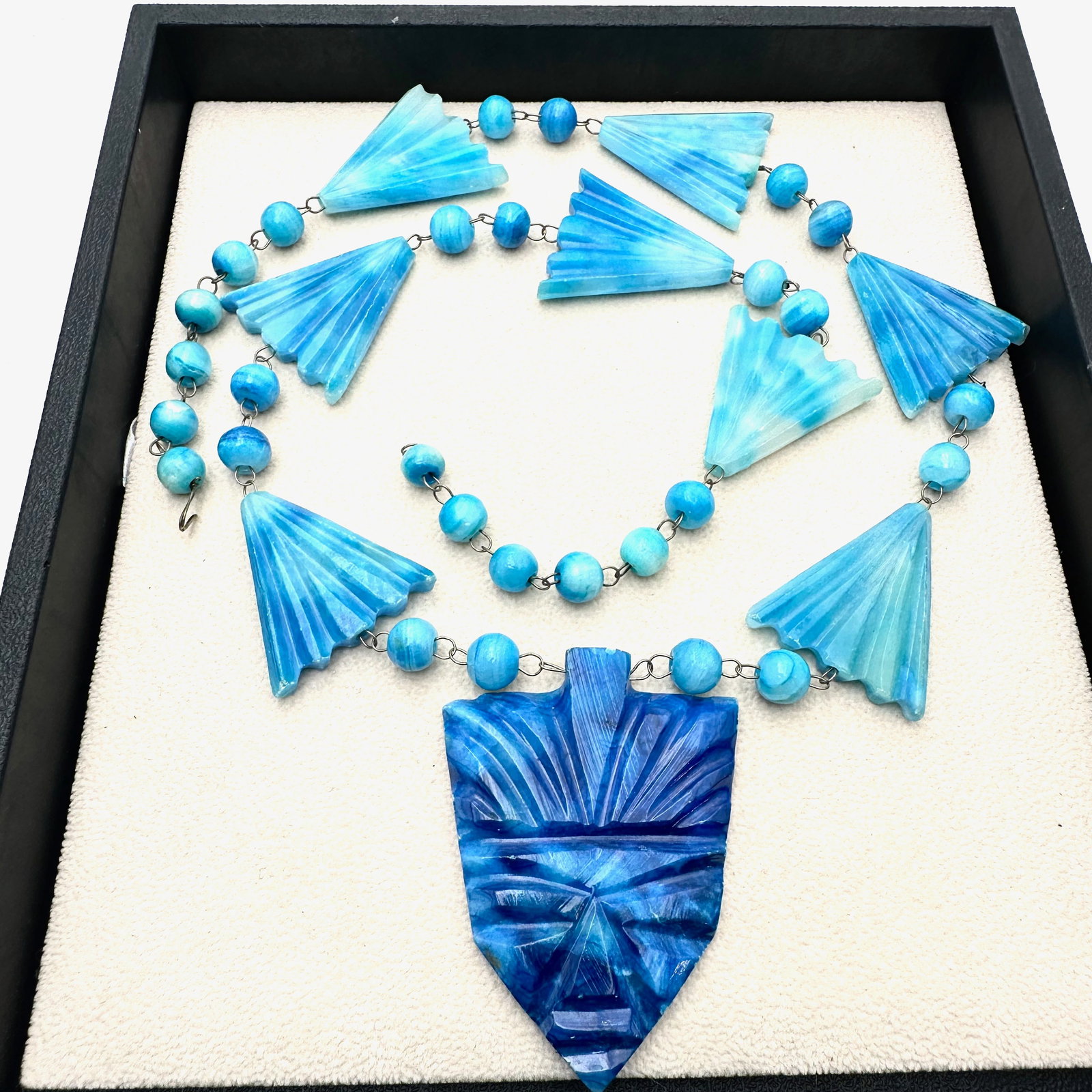 Vintage Blue Swirl Gemstone Mayan Mask Pendant Necklace 24 Inch (1 of 2)