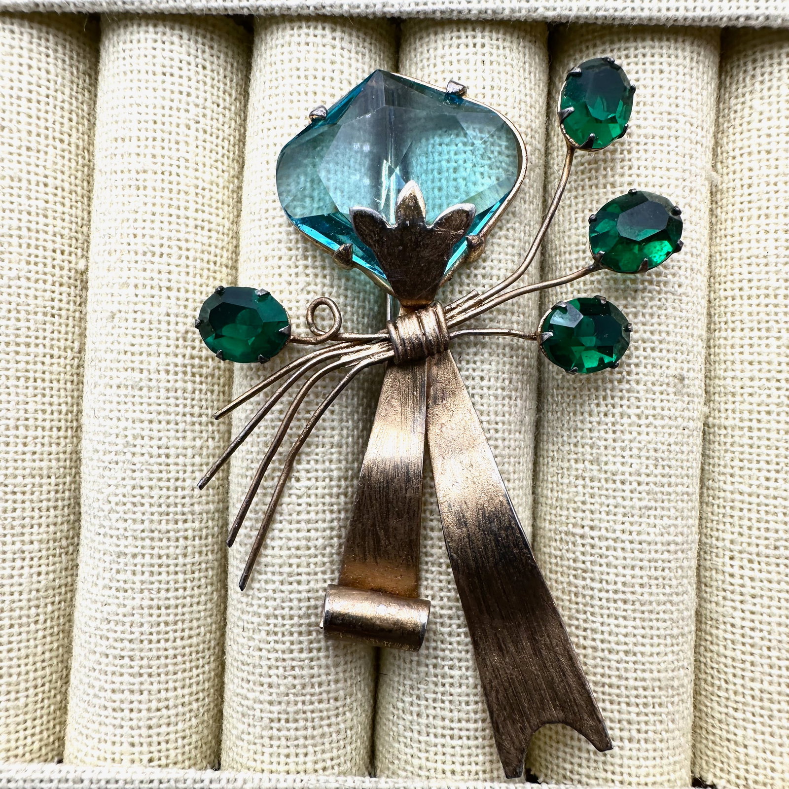 Vintage Blue Green Glass Stone Gold Plated Sterling Silver Brooch Pin 3 Inch: Vintage Blue Green Glass Stone Gold Plated Sterling Silver Brooch Pin 3 Inch