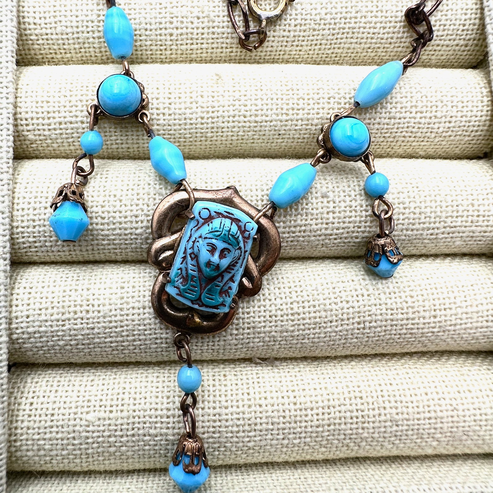 Vintage Blue Czech Glass Egyptian Revival Gold Tone Pendant Necklace 17 Inch Length (1 of 2)