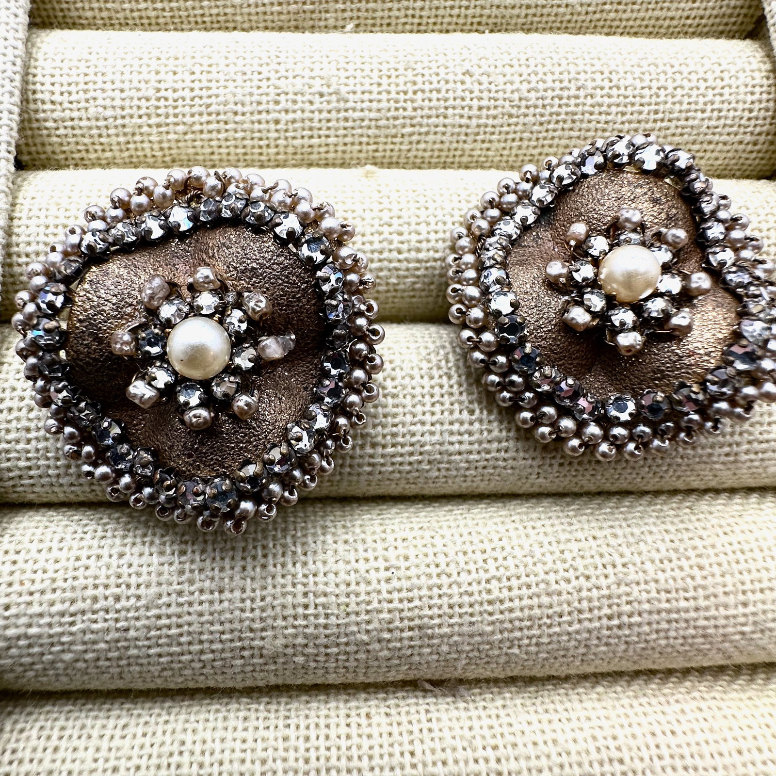 Vintage Signed Miriam Haskell Pearl and Crystal Antiqued Gold Tone Clip Earrings (1 of 2)