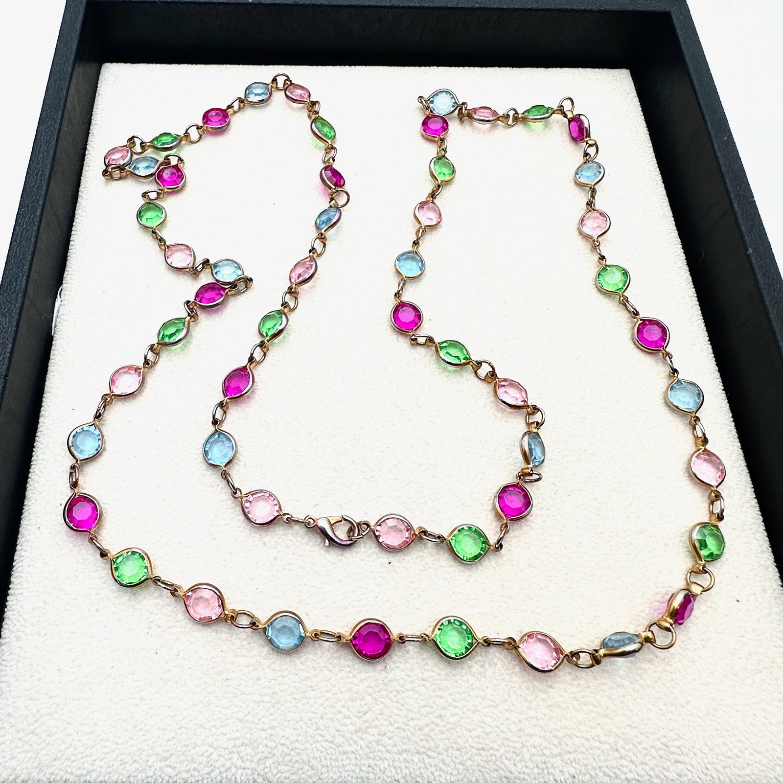 Vintage Multicolor Crystal Bezel Set Gold Tone Necklace 32 Inch (1 of 2)