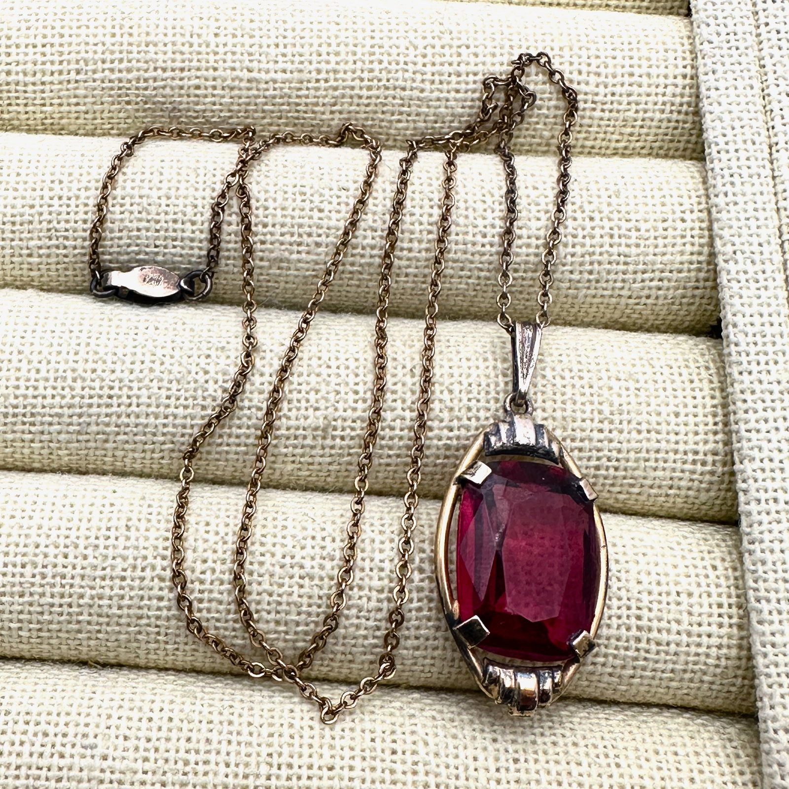 Antique Art Deco Red Glass Pendant Gold Filled Necklace 18 Inch Chain: Antique Art Deco Red Glass Pendant Gold Filled Necklace 18 Inch Chain