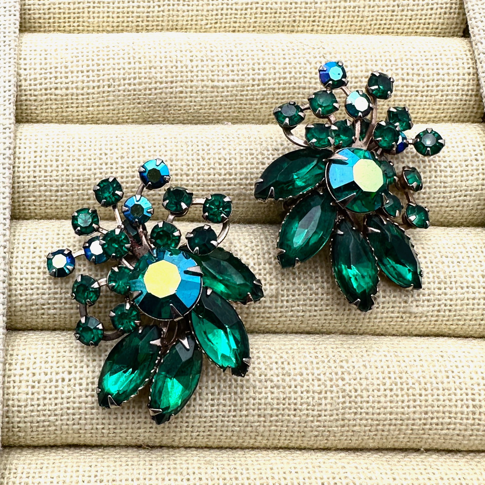Vintage Green Glass Rhinestone Gold Tone Clip Earrings 1.5 Inch