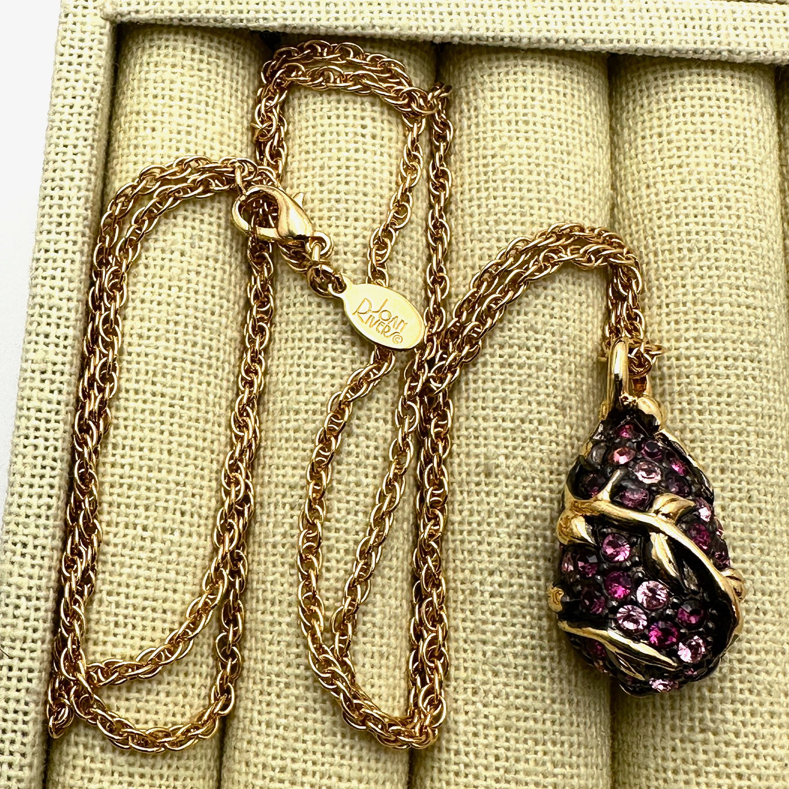 Vintage Joan Rivers Purple Pink Rhinestone Gold Tone Egg Pendant Necklace (1 of 2)