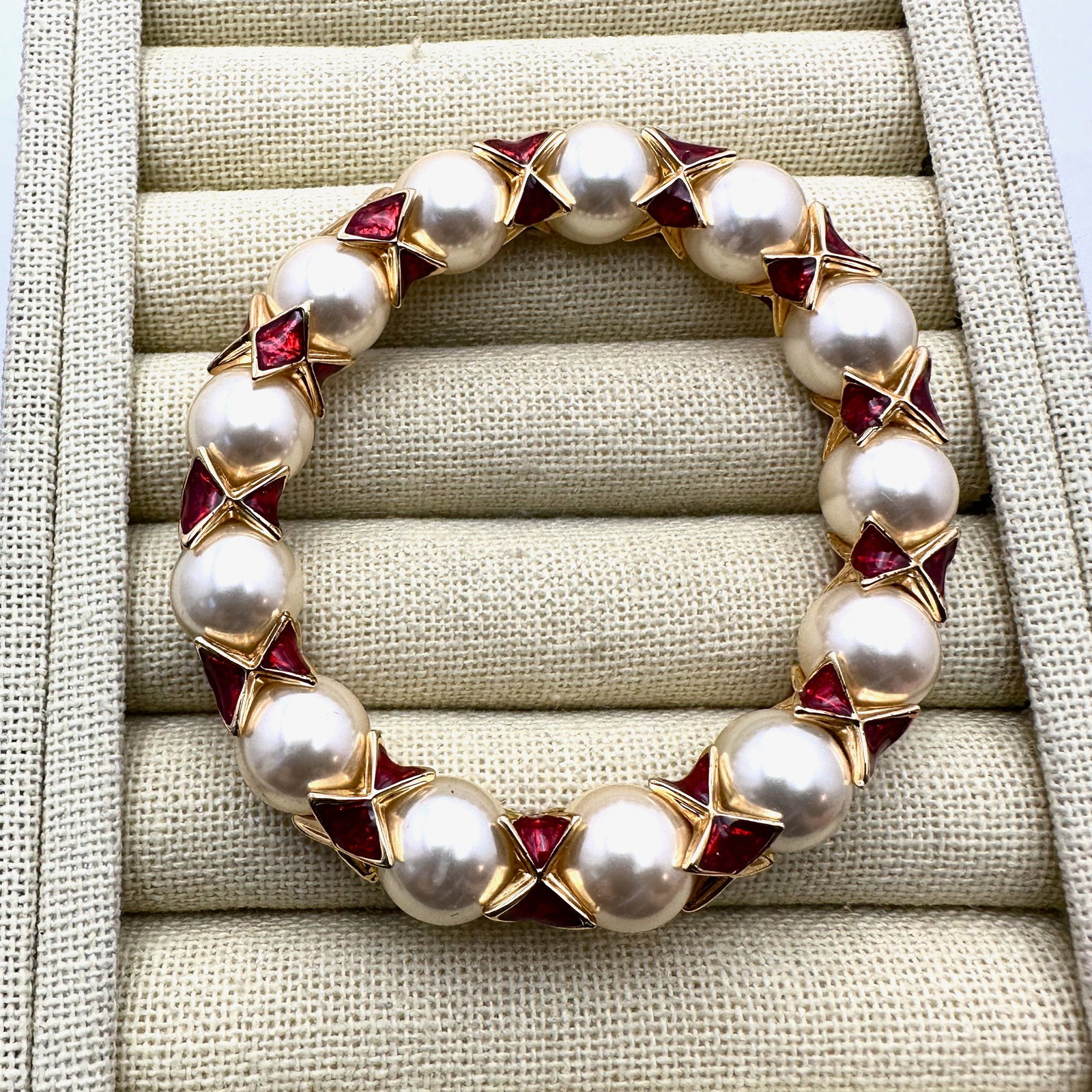 Vintage Red Enamel Faux Pearl Gold Tone Bracelet Adjustable Size: Vintage Red Enamel Faux Pearl Gold Tone Bracelet Adjustable Size