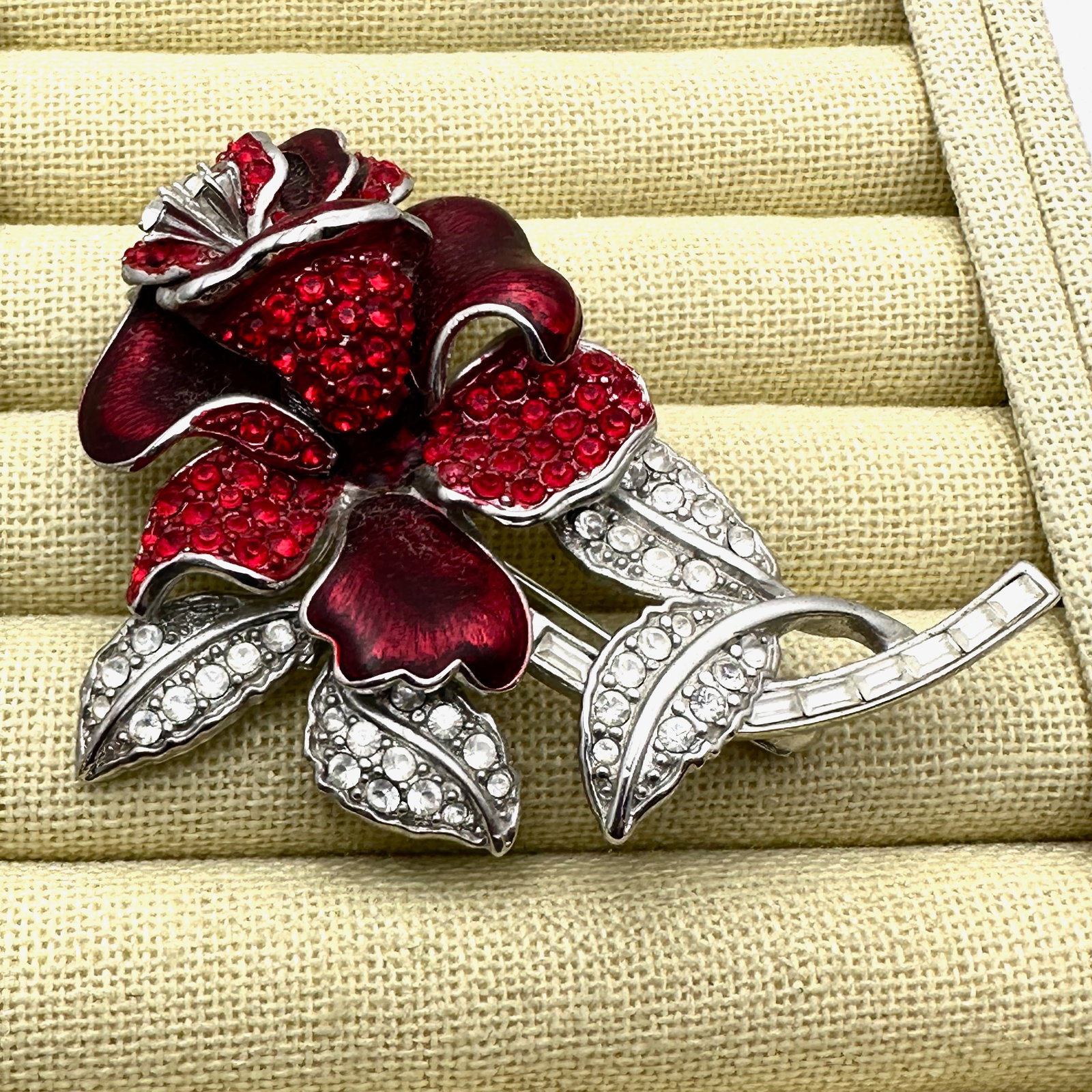 Vintage Nolan Miller Red and Clear Rhinestone Silver Tone Flower Brooch Pin 3 Inch (1 of 2)