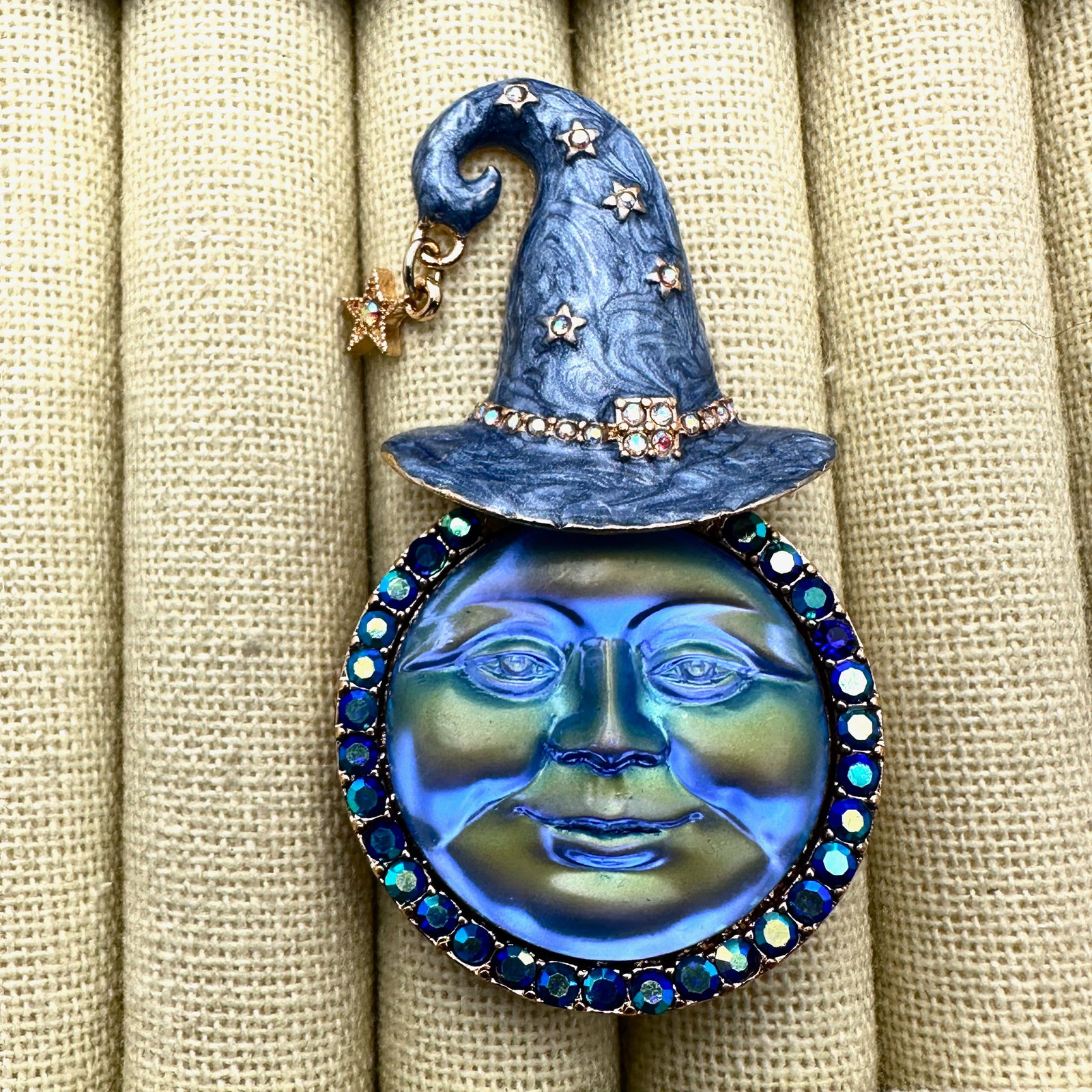 Kirks Folly Blue Moon Face Gold Tone Brooch Pin Crystals 2.75 Inch (1 of 2)