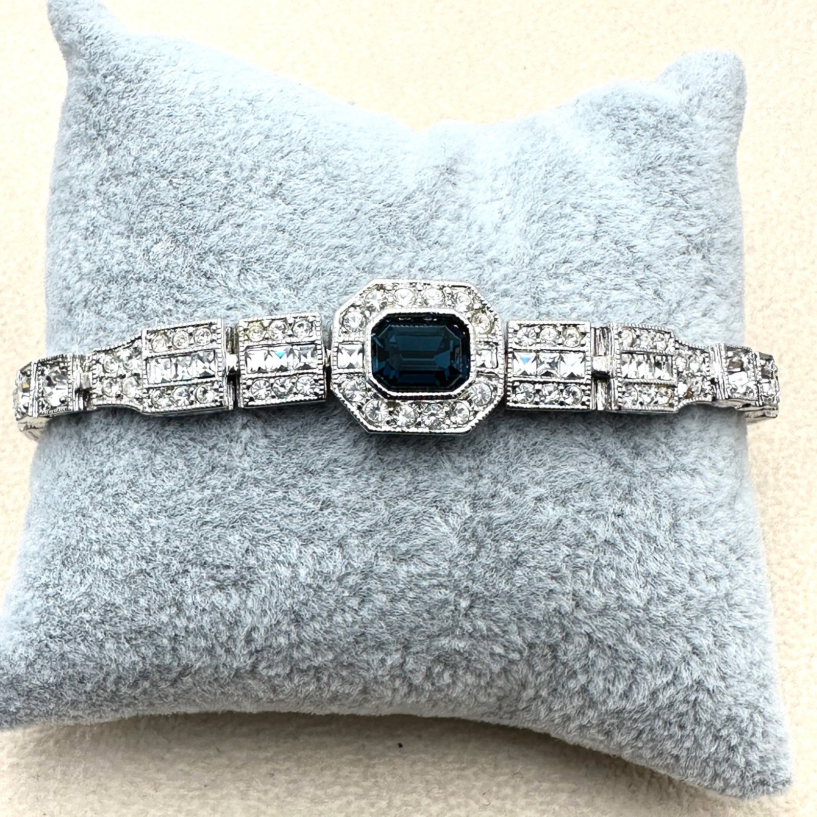 Vintage Nolan Miller Art Deco Style Blue and Clear Rhinestone Silver Tone Bracelet 7.5 Inch (1 of 3)