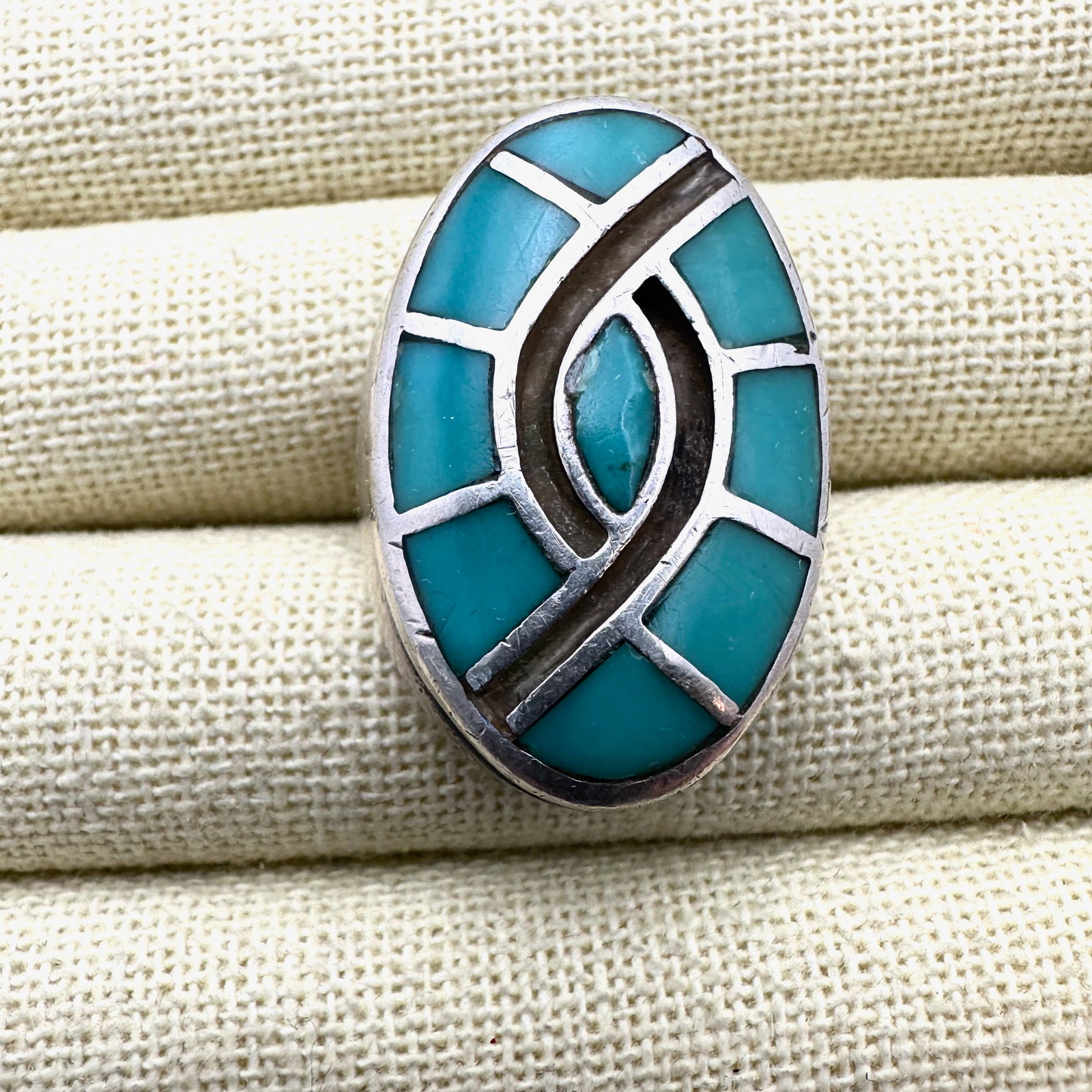 Vintage Native American Inlay Turquoise Big Chunky Sterling Silver Ring Size 8 (1 of 2)
