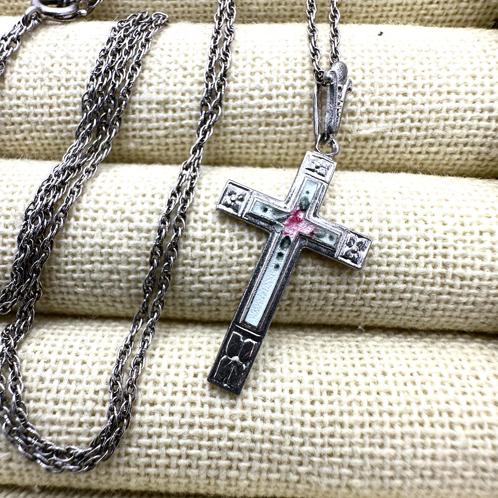 Vintage Guilloche Enamel Sterling Silver Cross Necklace 24 Inch Chain (1 of 2)