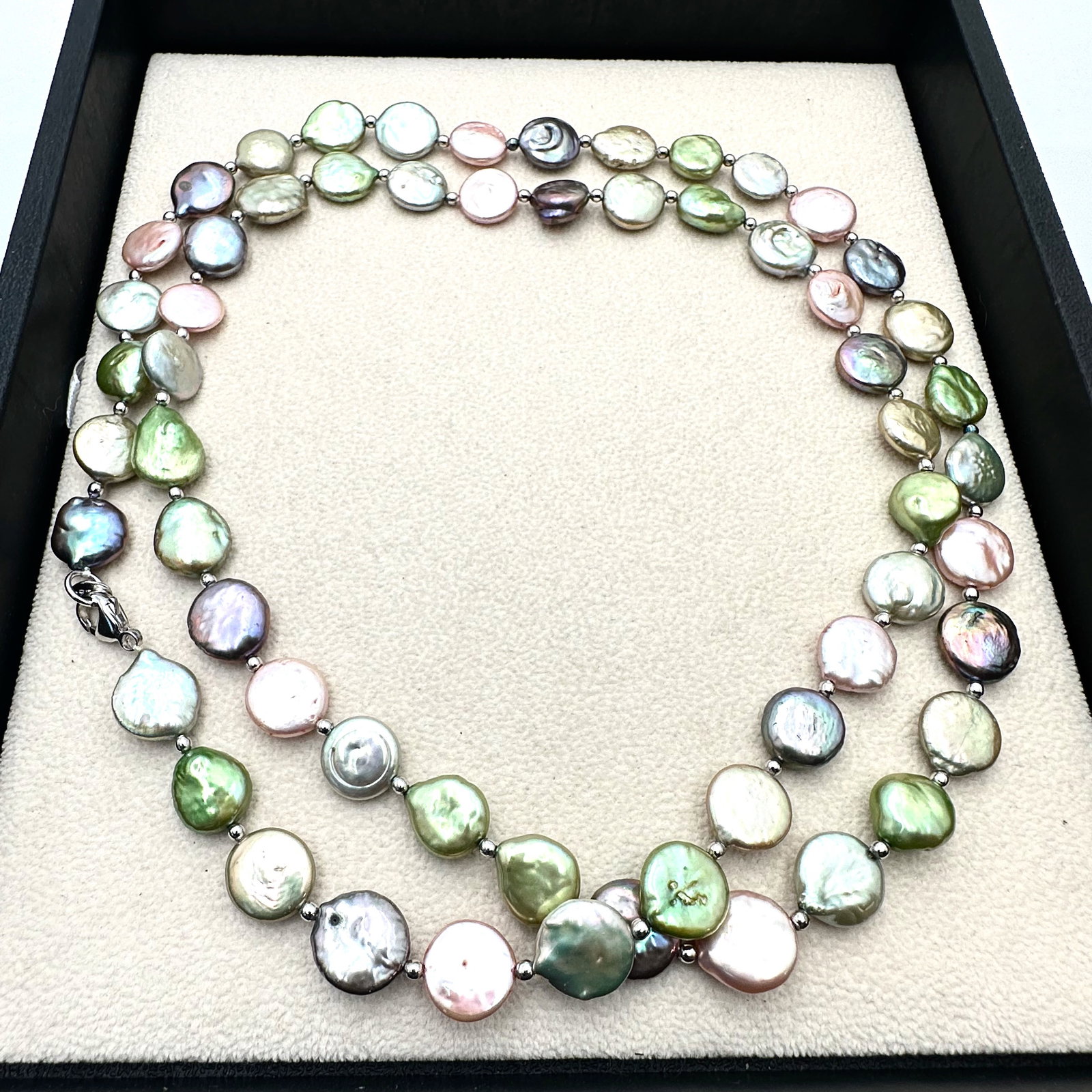 Designer Lucas Lameth Pastel Freshwater Coin Pearl Sterling Silver Necklace 36 Inch Pristine (1 of 2)