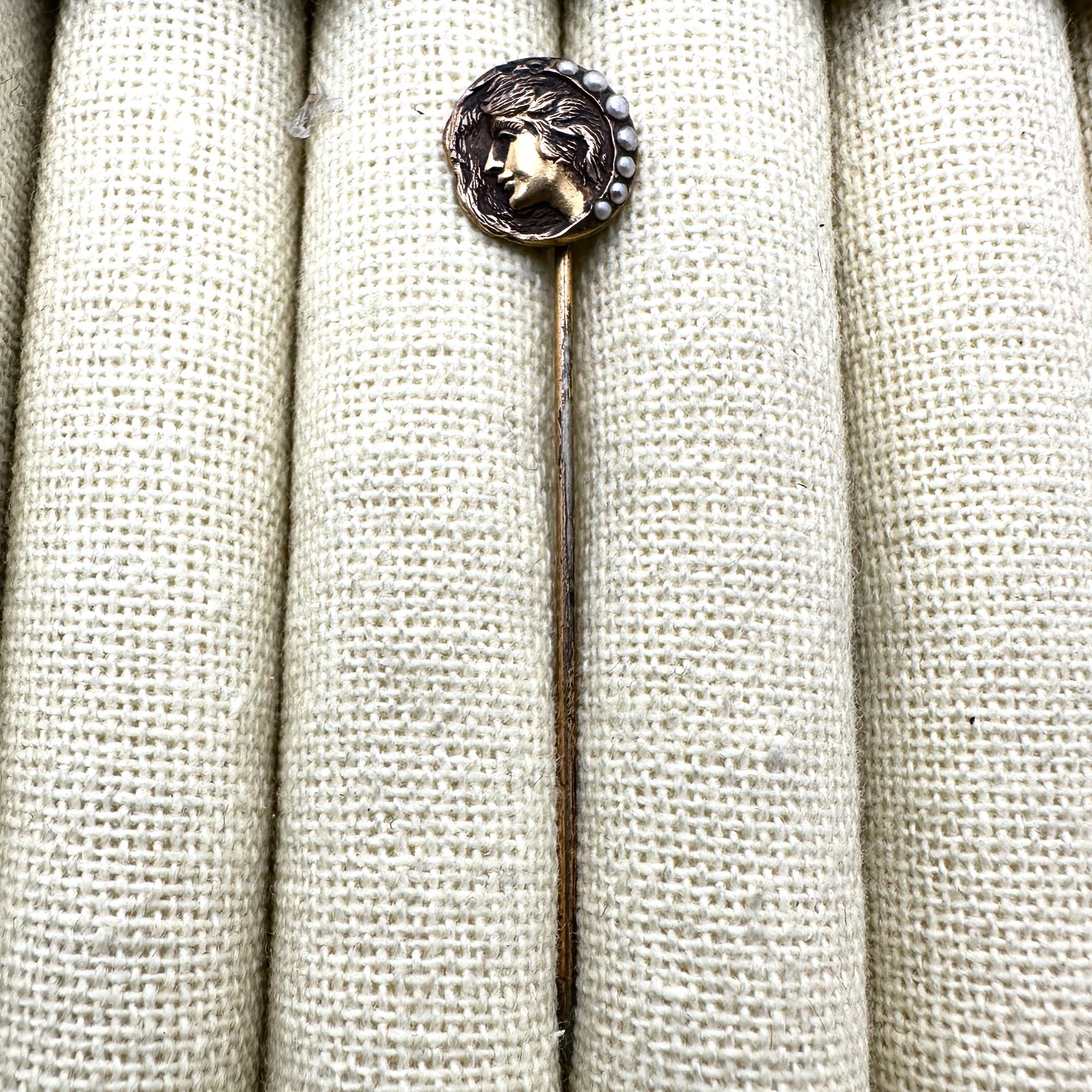 Antique Gold Filled Pearl Portrait Stick Pin 2.25 Inch (1 of 3)