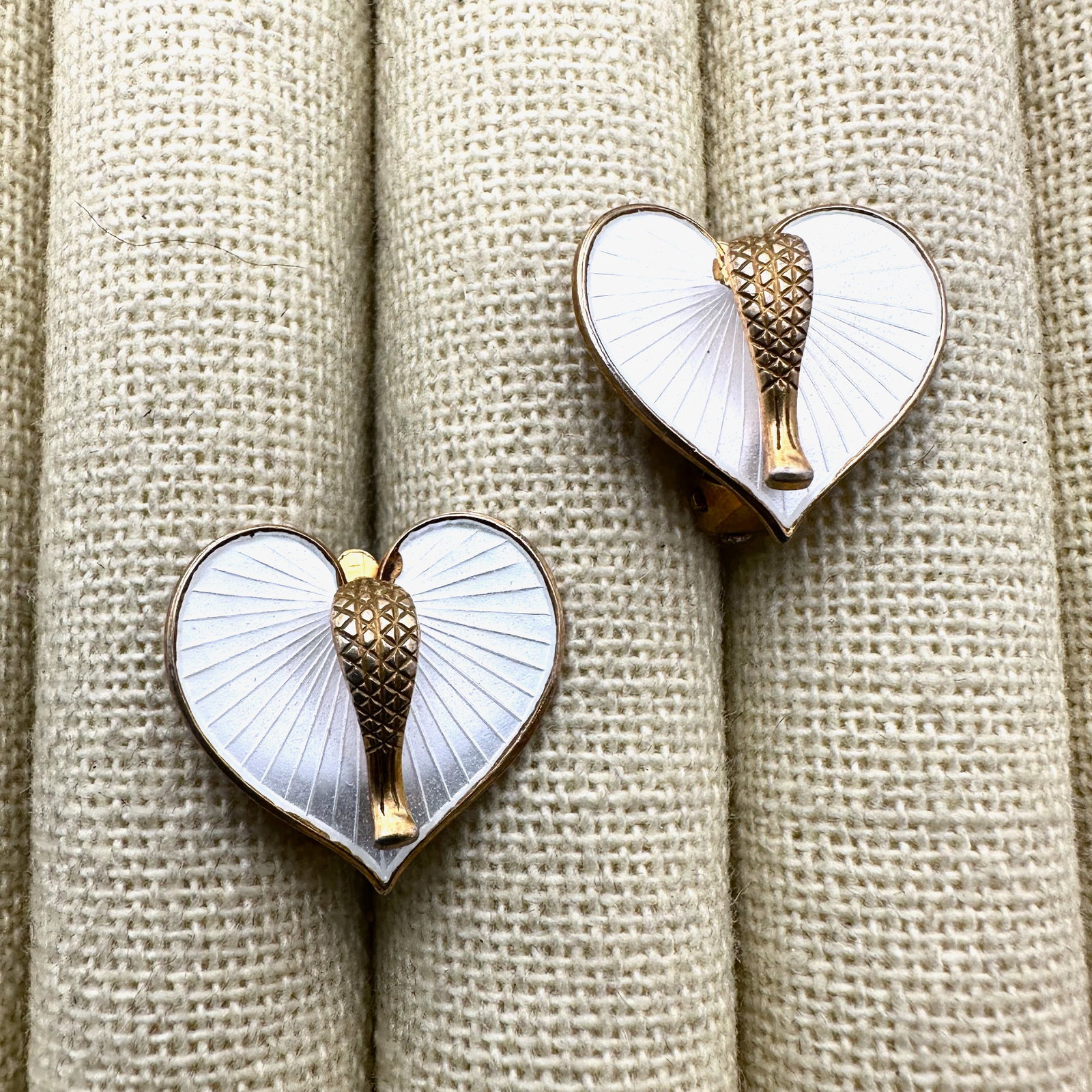 Vintage A. SCH Norway White Enamel Gold Plated Sterling Silver Clip Earrings: Vintage A. SCH Norway White Enamel Gold Plated Sterling Silver Clip Earrings