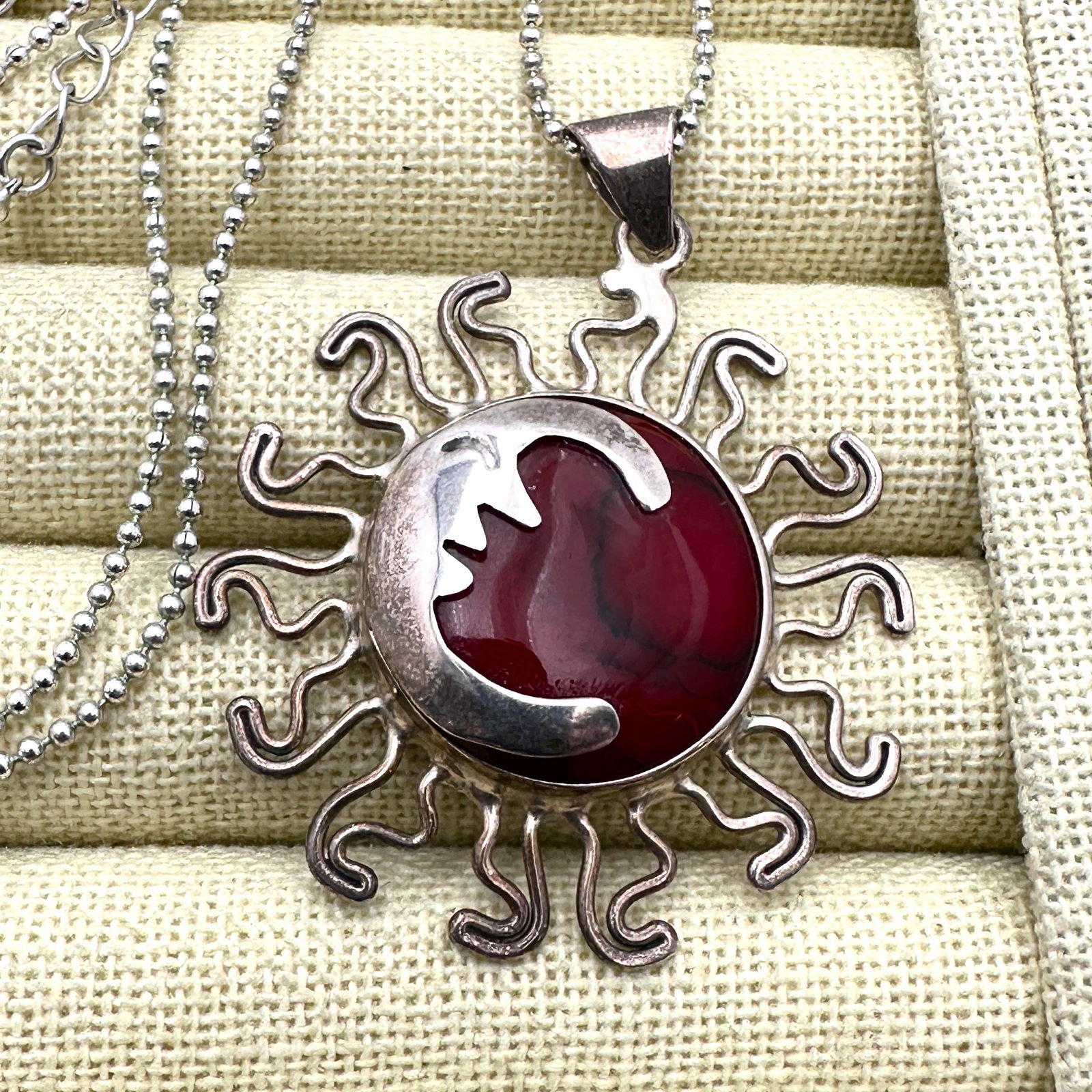 JBB Mexico Red Coral Sun Design Pendant Sterling Silver Chain 20 Inch (1 of 2)