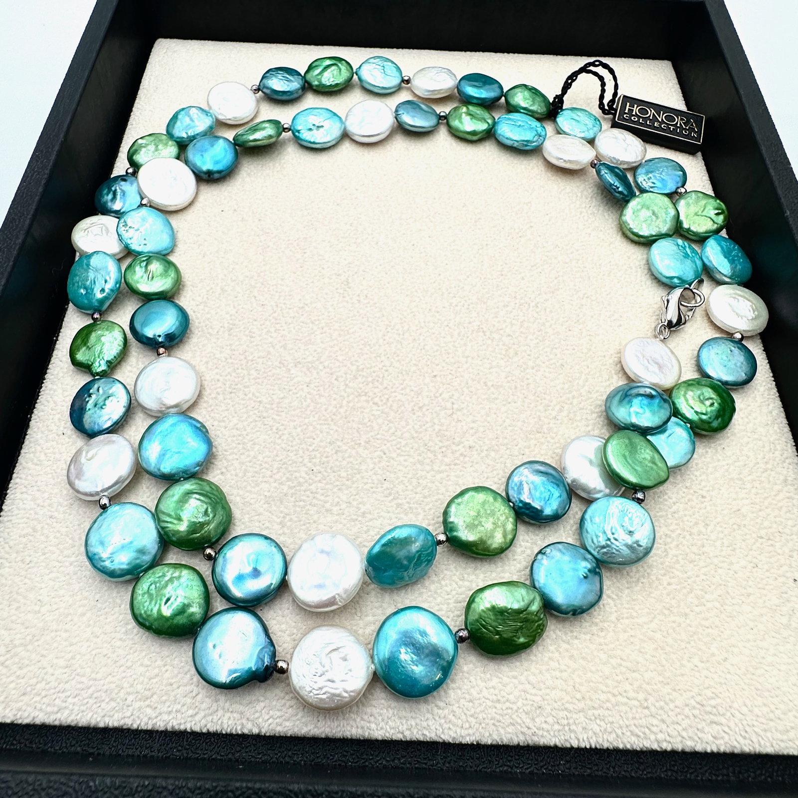 Honora Aqua Blue White and Green Coin Pearl Sterling Silver Necklace 34 Inch Original Tag (1 of 2)
