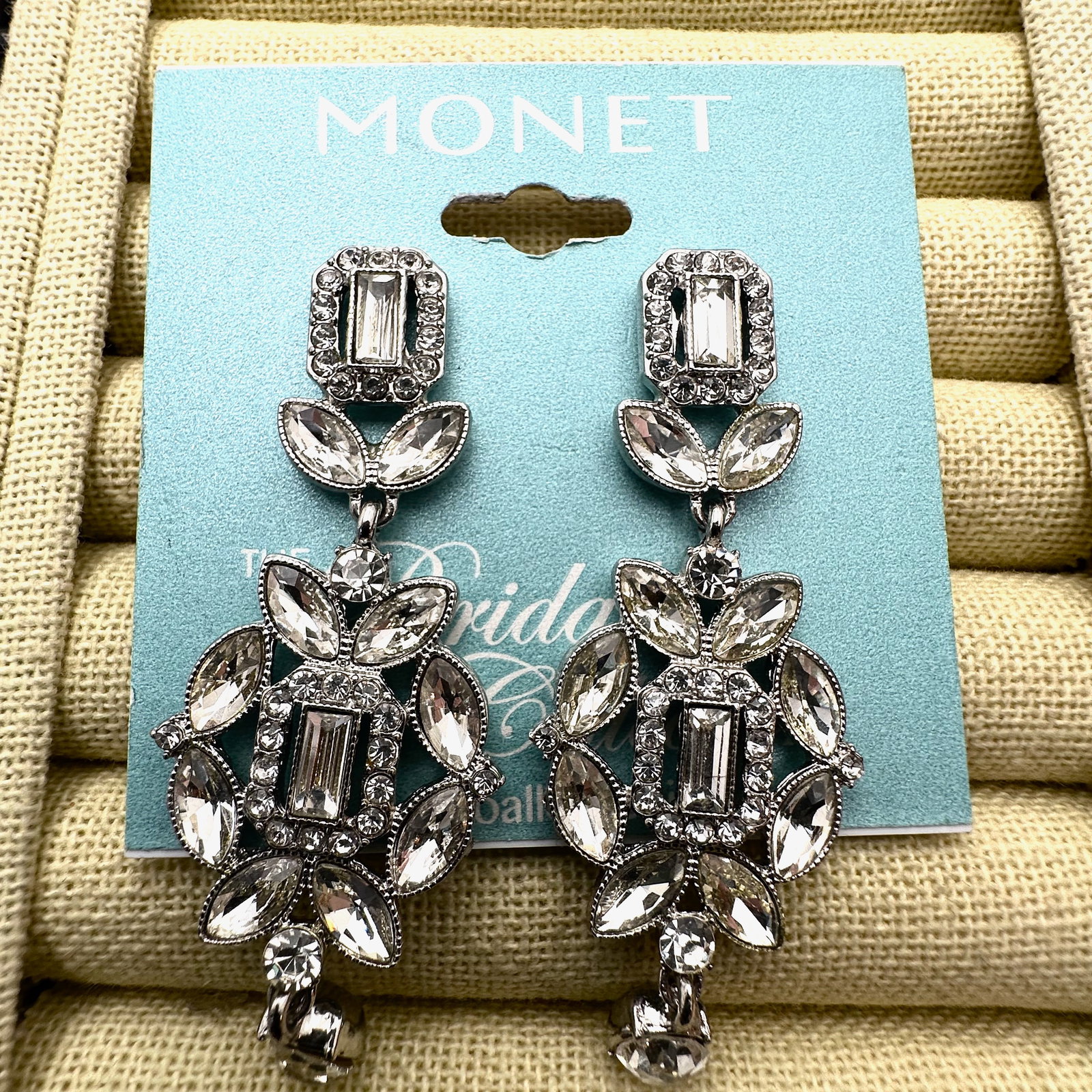 Monet Bridal Collection Clear Crystal Silver Tone Pierced Chandelier Earrings on Original Card (1 of 2)