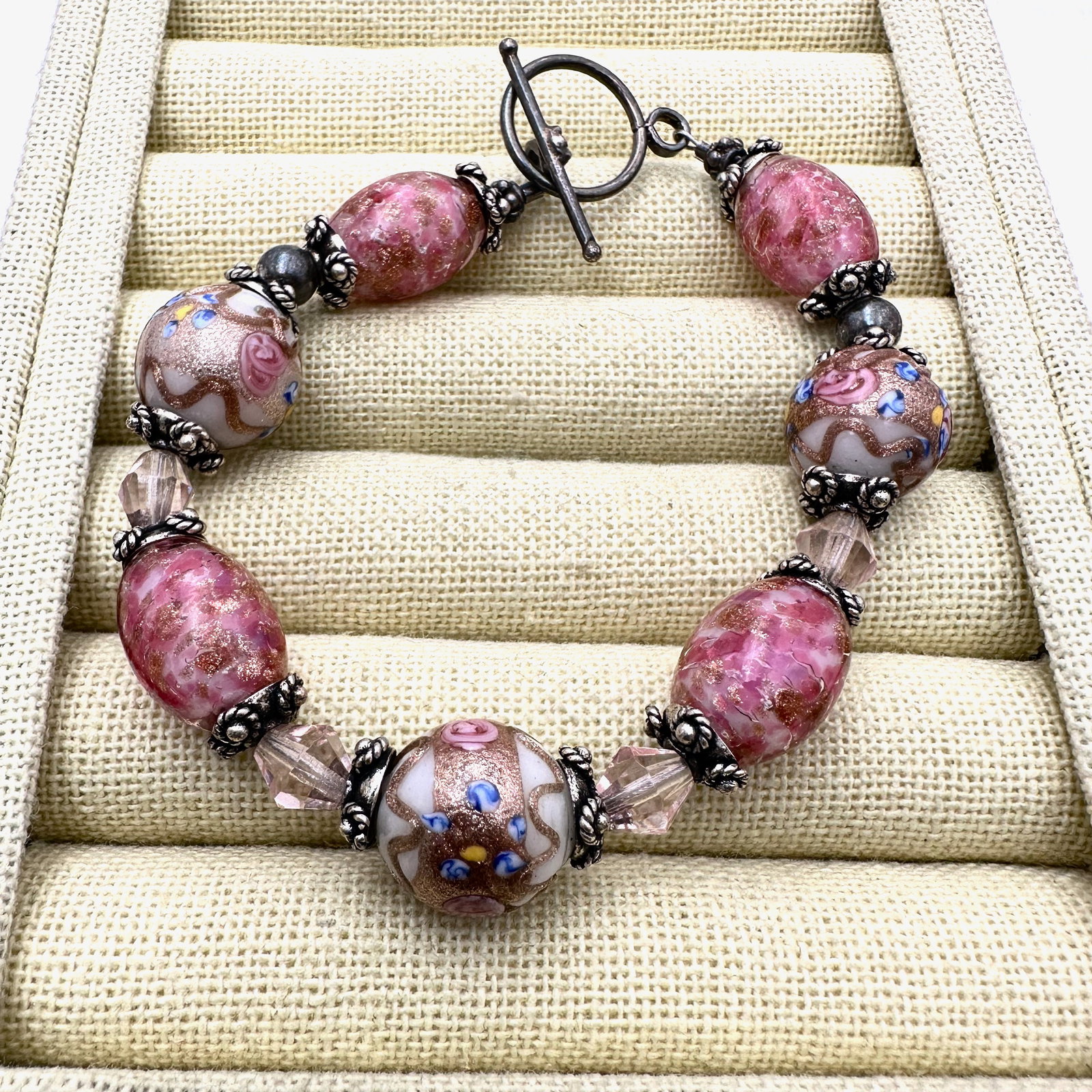 Italian Wedding Cake Glass Bead Sterling Silver Bracelet 8 Inch Length (1 of 2)