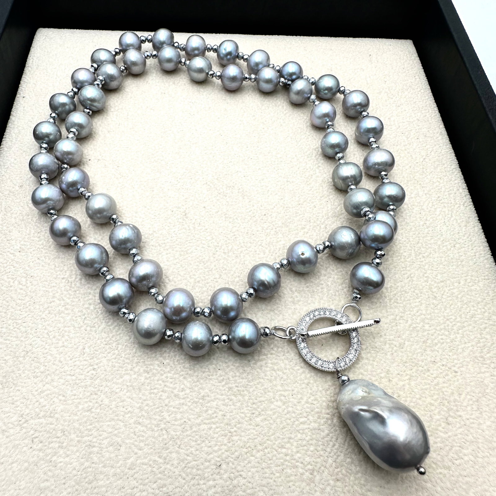 Grey Silver Pearl Necklace with Ming Pearl Pendant Sterling Silver 26 Inch Length