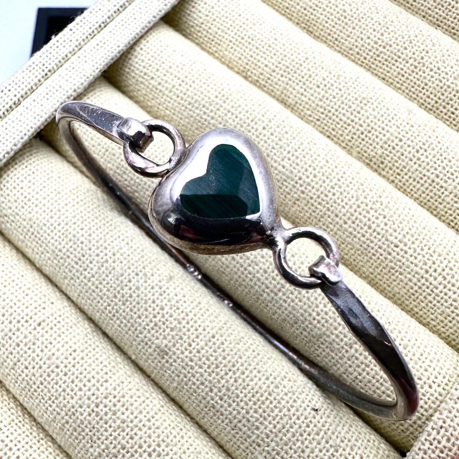 Vintage Green Malachite Heart Sterling Silver Bracelet 6.75 Inch (1 of 2)