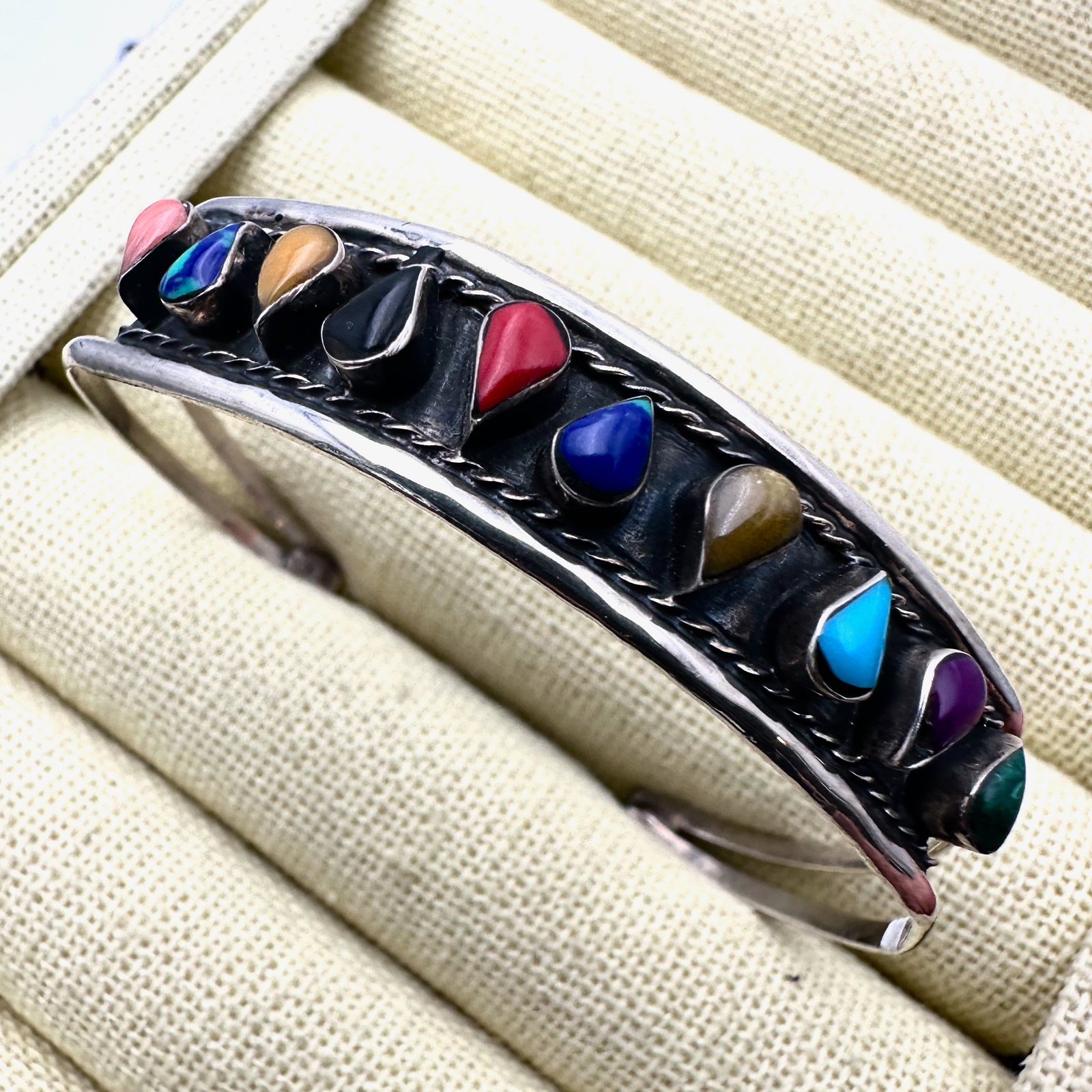 Vintage Multicolor Gemstone Sterling Silver Cuff Bracelet (1 of 2)