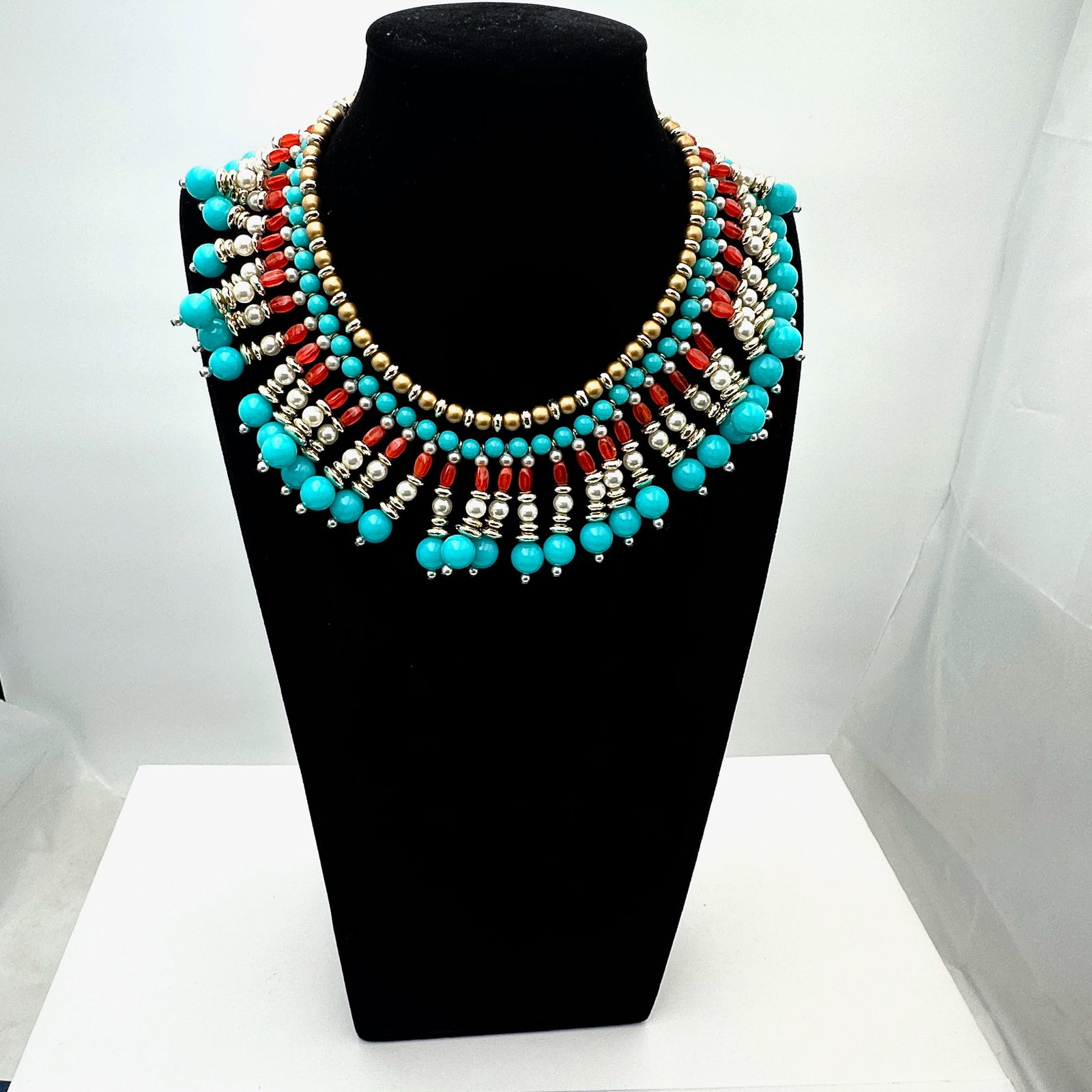 Vintage Marvella Egyptian Revival Bib Necklace Faux Coral Faux Turquoise and Faux Pearl (1 of 2)