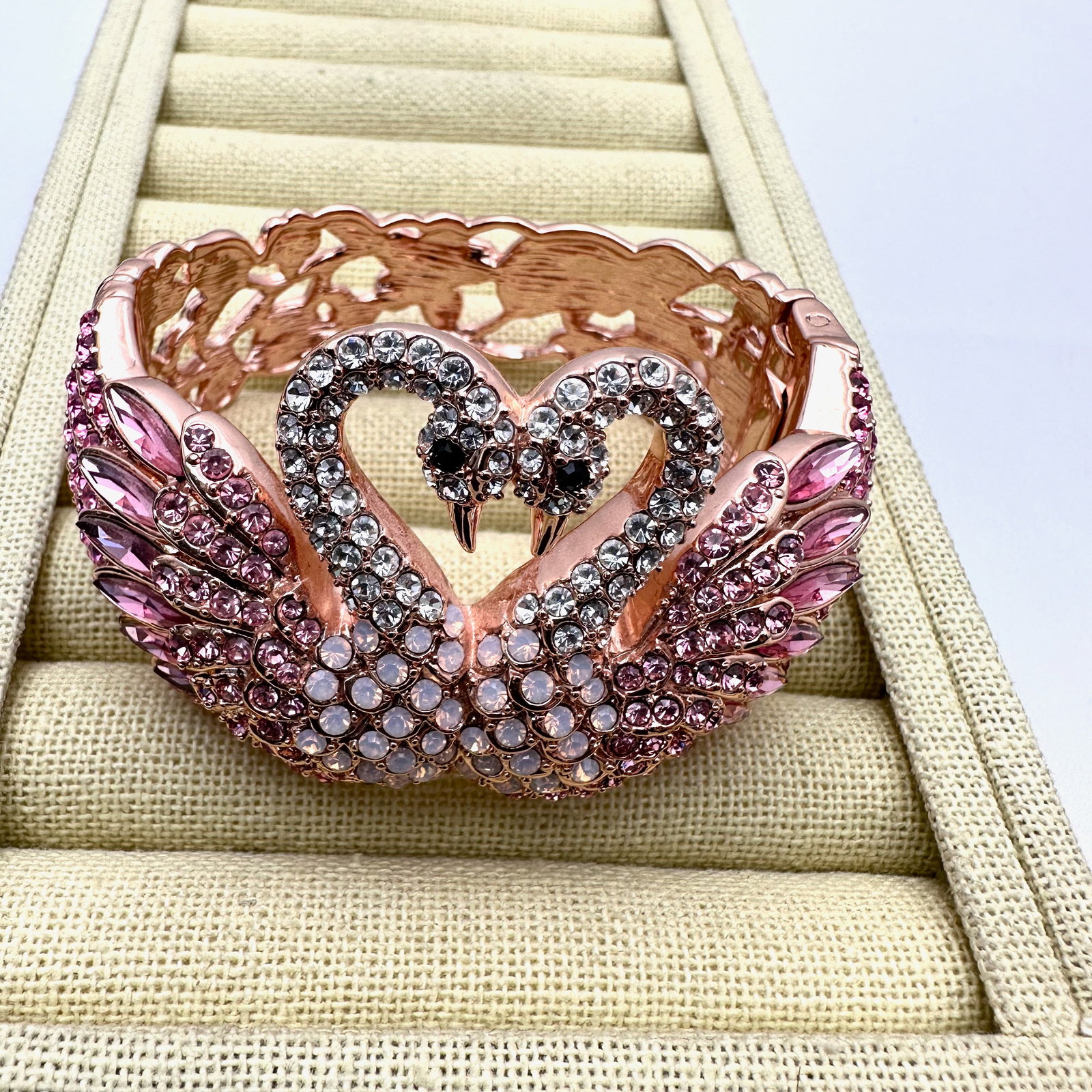 Pink Crystal Double Swans Rose Gold Plated Hinged Bangle Bracelet 7 Inch (1 of 2)