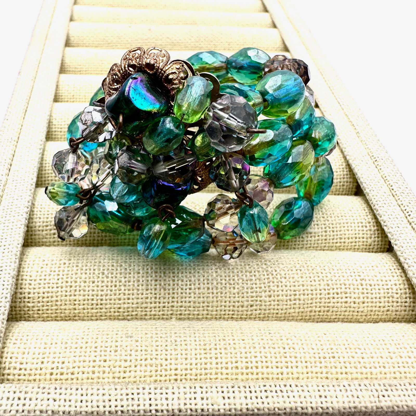 Vintage Wired Glass Bead Coil Bracelet Blue Green Beads Gold tone: Vintage Wired Glass Bead Coil Bracelet Blue Green Beads Gold tone