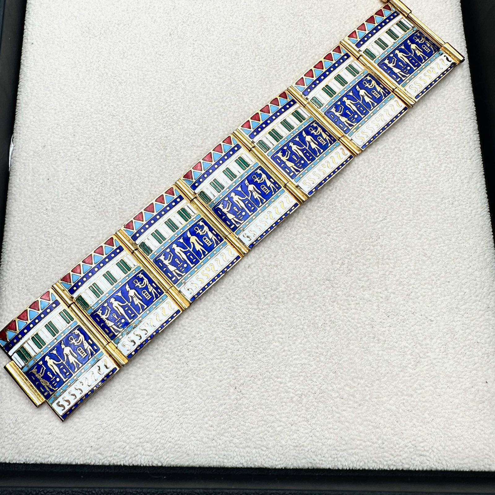 Vintage Enamel Egyptian Revival Gold Tone Panel Bracelet 7.5 Inch Length 1.5 Inch Width (1 of 4)