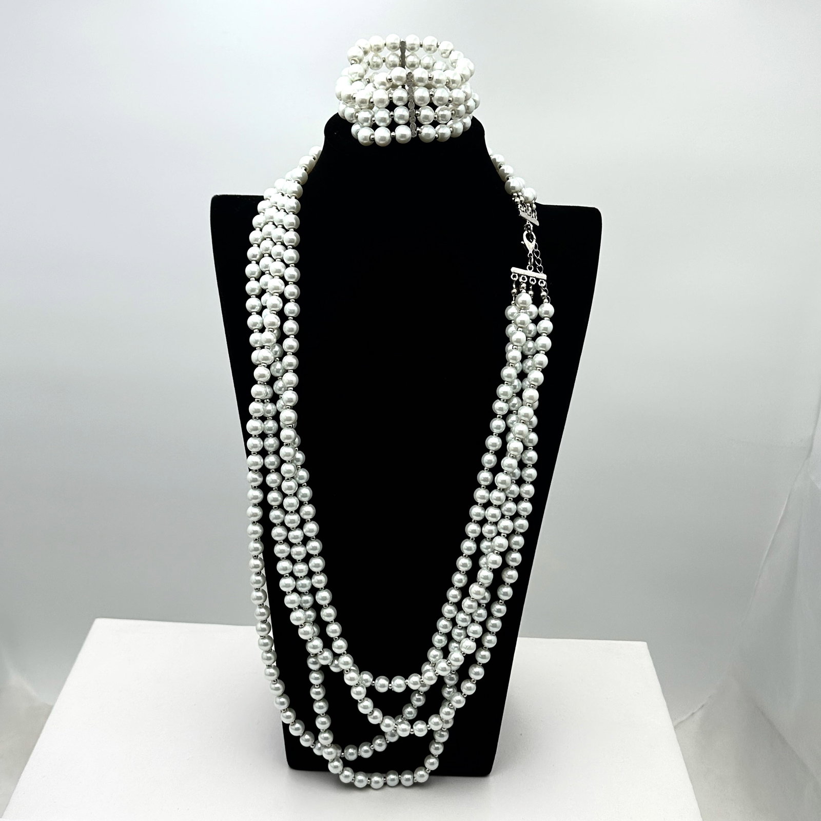 Glass Faux Glass Pearl Multi Strand Necklace 24 Inch Wearable Length and Bracelet (1 of 2)