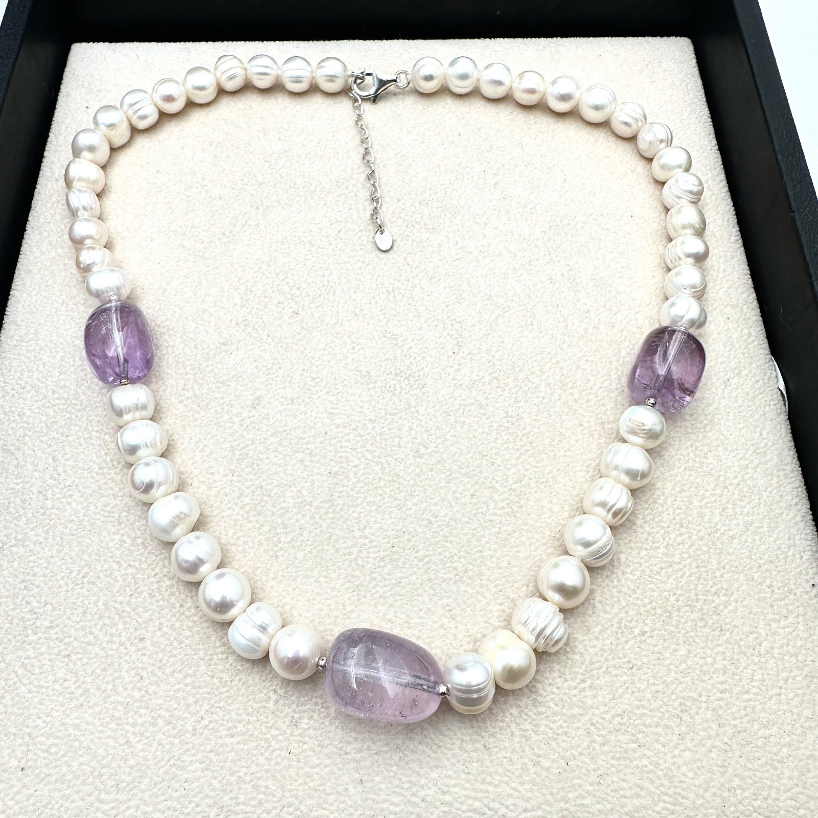 Freshwater Pearl and Amethyst Bead Sterling Silver Necklace 16 to 18 Inch (1 of 2)