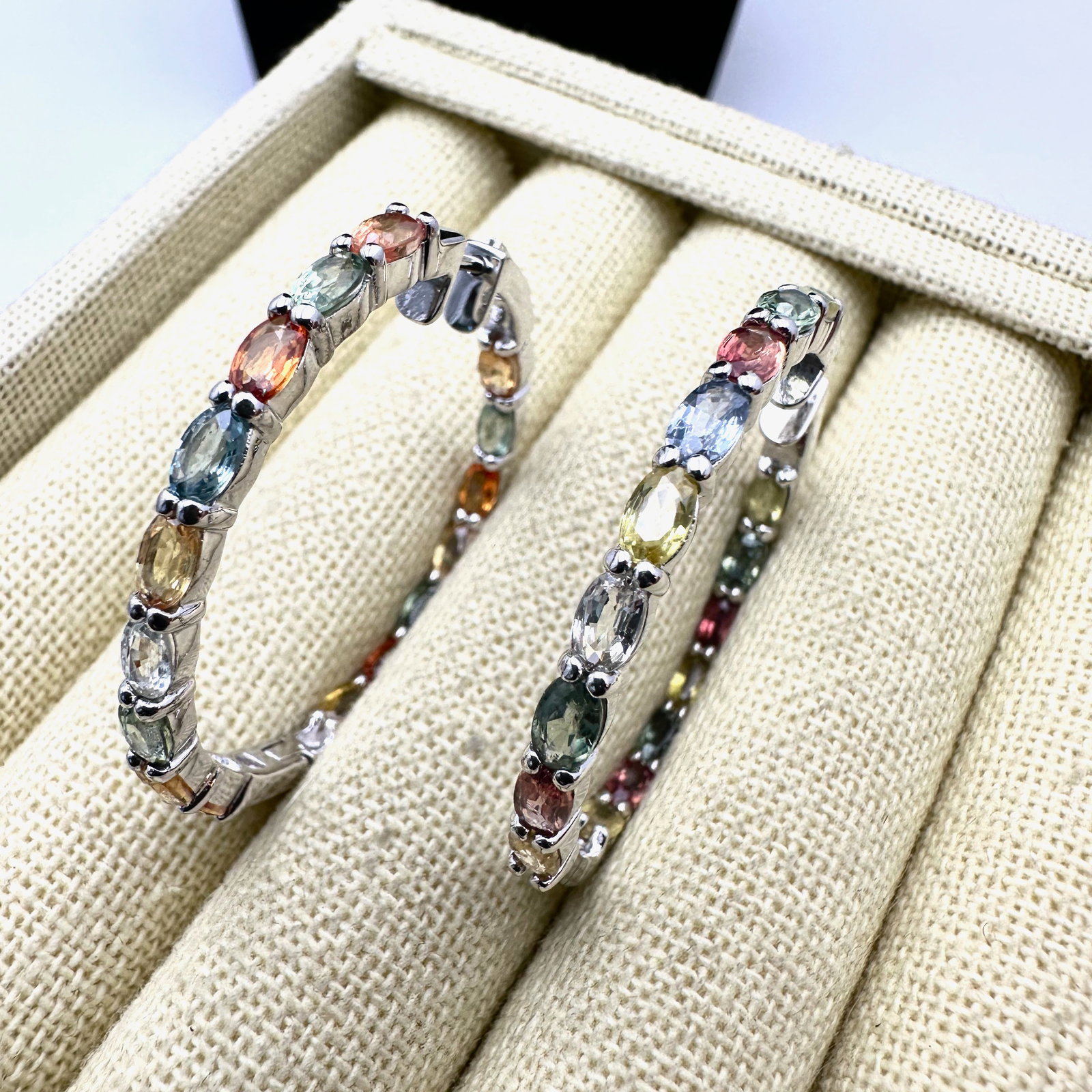 9.50 CTW Multicolor Sapphire Sterling Silver Hoop Pierced Earrings 1.5 Inch (1 of 3)