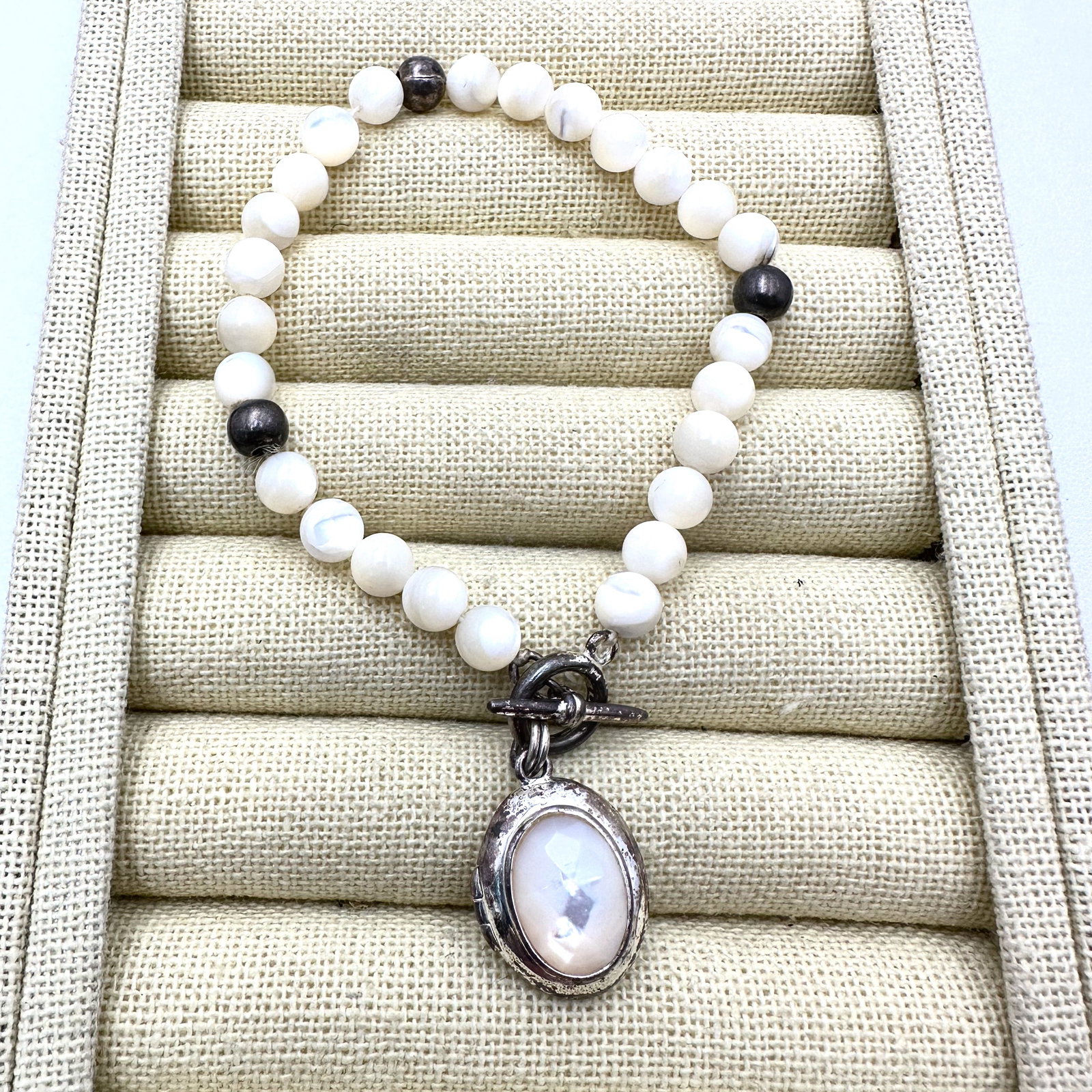 Mother of Pearl Sterling Silver Locket Charm Bracelet 7.5 Inch (1 of 2)
