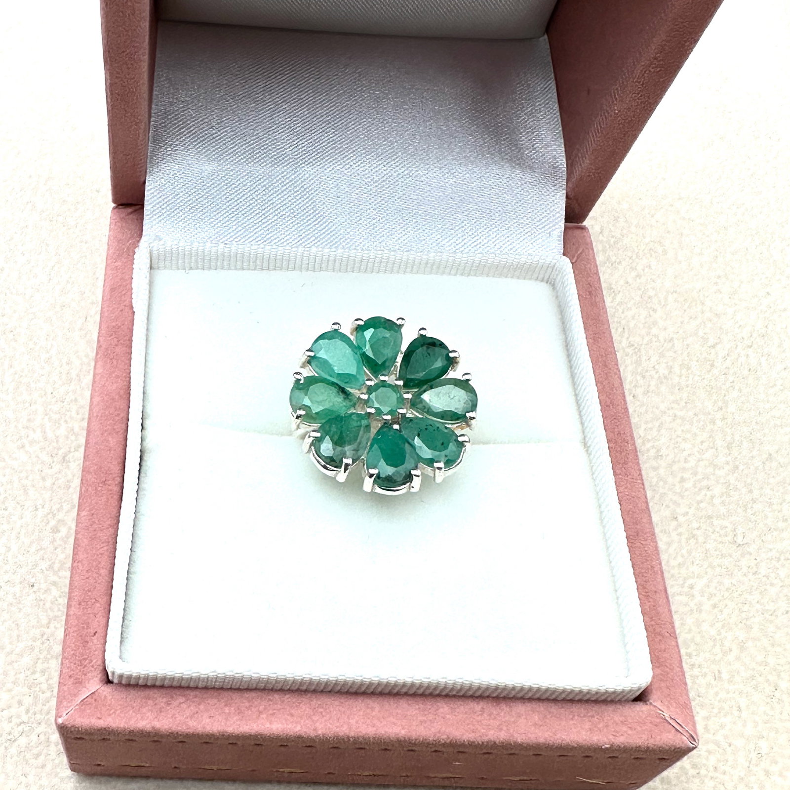 Green Emerald Cluster Sterling Silver Ring Size 5 Box Included (1 of 3)