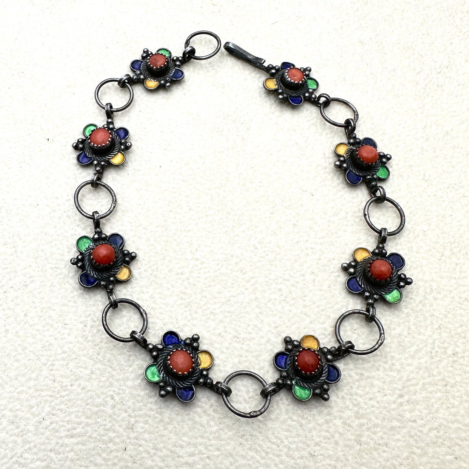 Vintage Enamel and Coral Sterling Silver Bracelet 8 Inch Length (1 of 2)