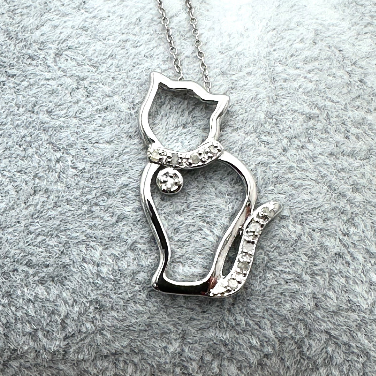 Diamond Cat Pendant Necklace Sterling Silver Chain 16 Inch Length: Diamond Cat Pendant Necklace Sterling Silver Chain 16 Inch Length