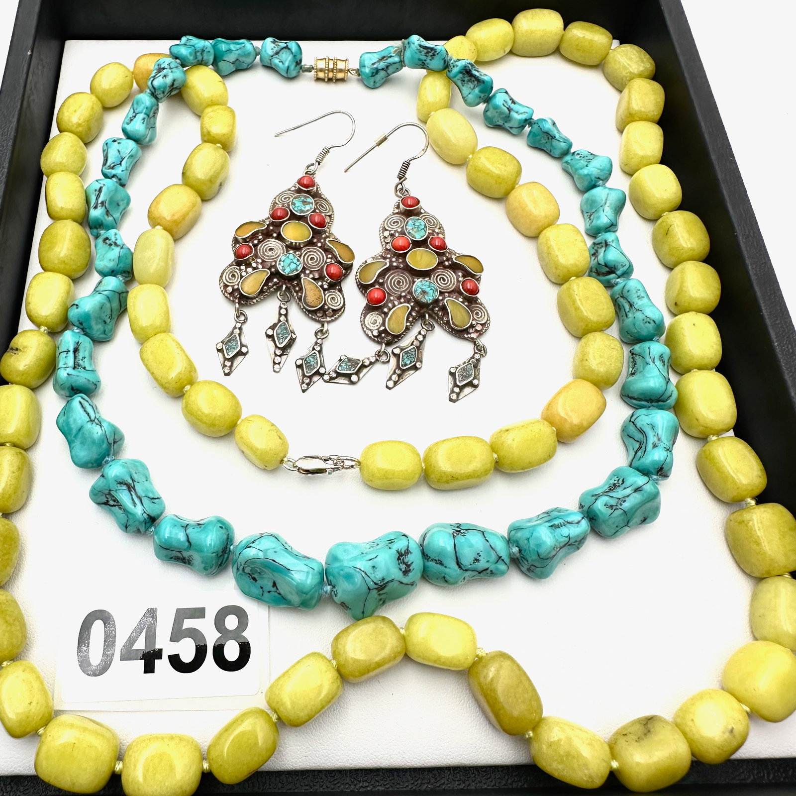 Chinese Turquoise and Green Yellow Gemstone Bead Necklaces and Coordinating Statement Earrings (1 of 2)