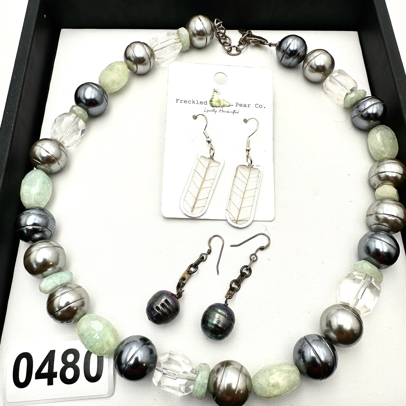 Silver Pearl Clear Quartz Light Green Gemstone Sterling Silver Necklace with Coordinating Earrings (1 of 2)