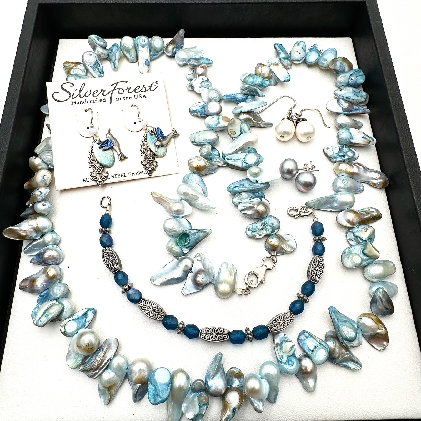 Blue Pearl and Gemstone Sterling Silver Necklace Bracelet and Silver Forest Earrings: Blue Pearl and Gemstone Sterling Silver Necklace Bracelet and Silver Forest Earrings