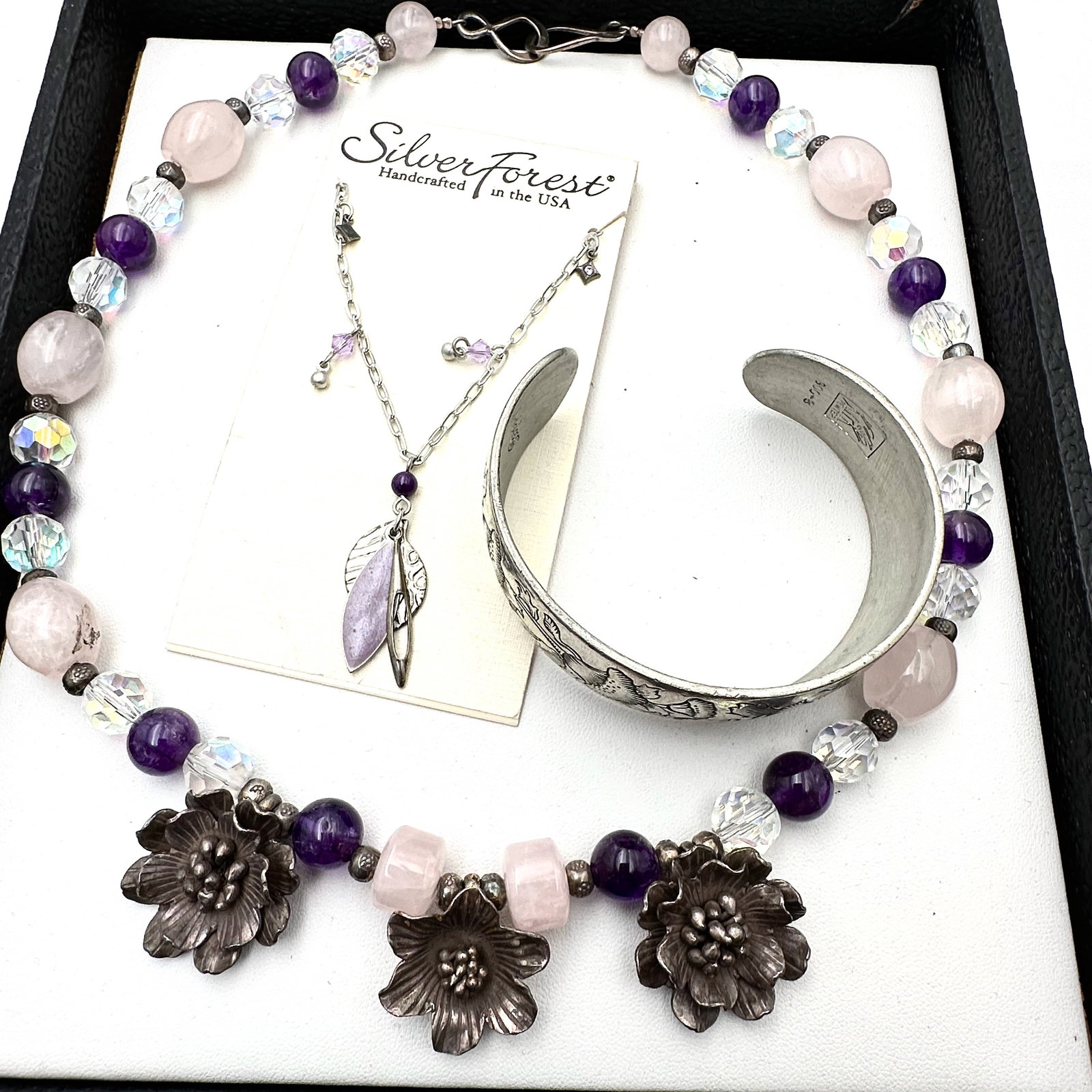 Purple Pink Gemstone Sterling Silver Necklace Silver Forest Necklace Pewter Bracelet (1 of 3)