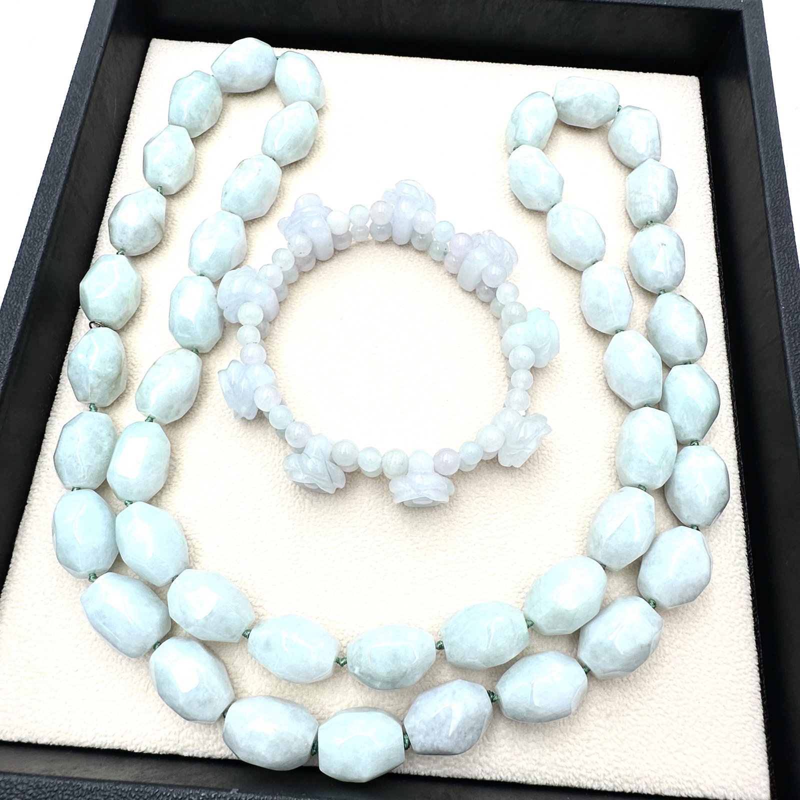 Green Jade Bead Necklace 32 Inch and Carved Rose Jade Bracelet Adjustable Sizer (1 of 2)