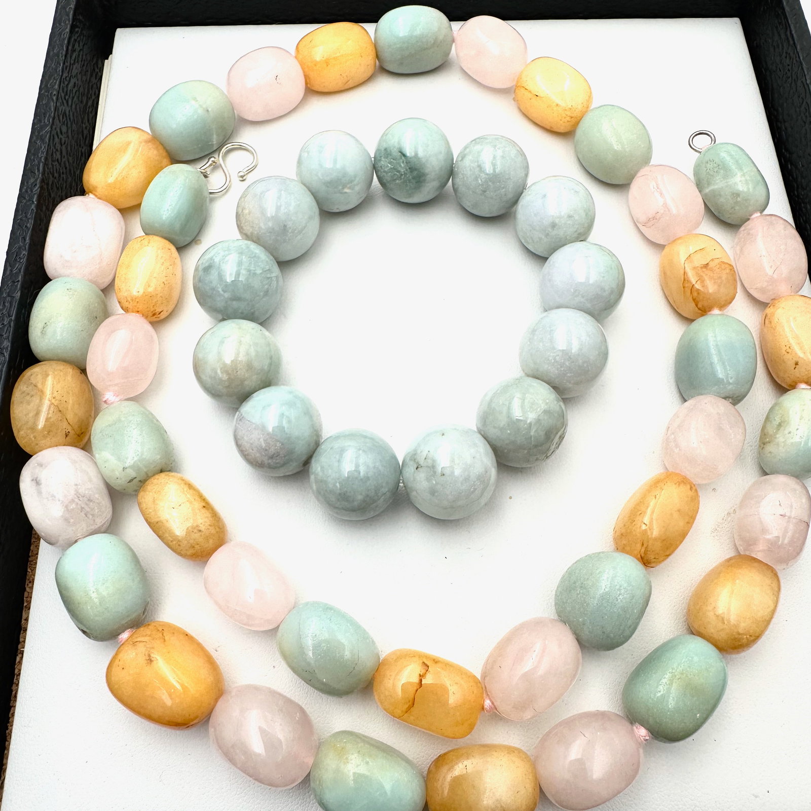 Pink Green Yellow Jade Bead Sterling Silver 28 Inch Necklace and Jade Bracelet: Pink Green Yellow Jade Bead Sterling Silver 28 Inch Necklace and Jade Bracelet