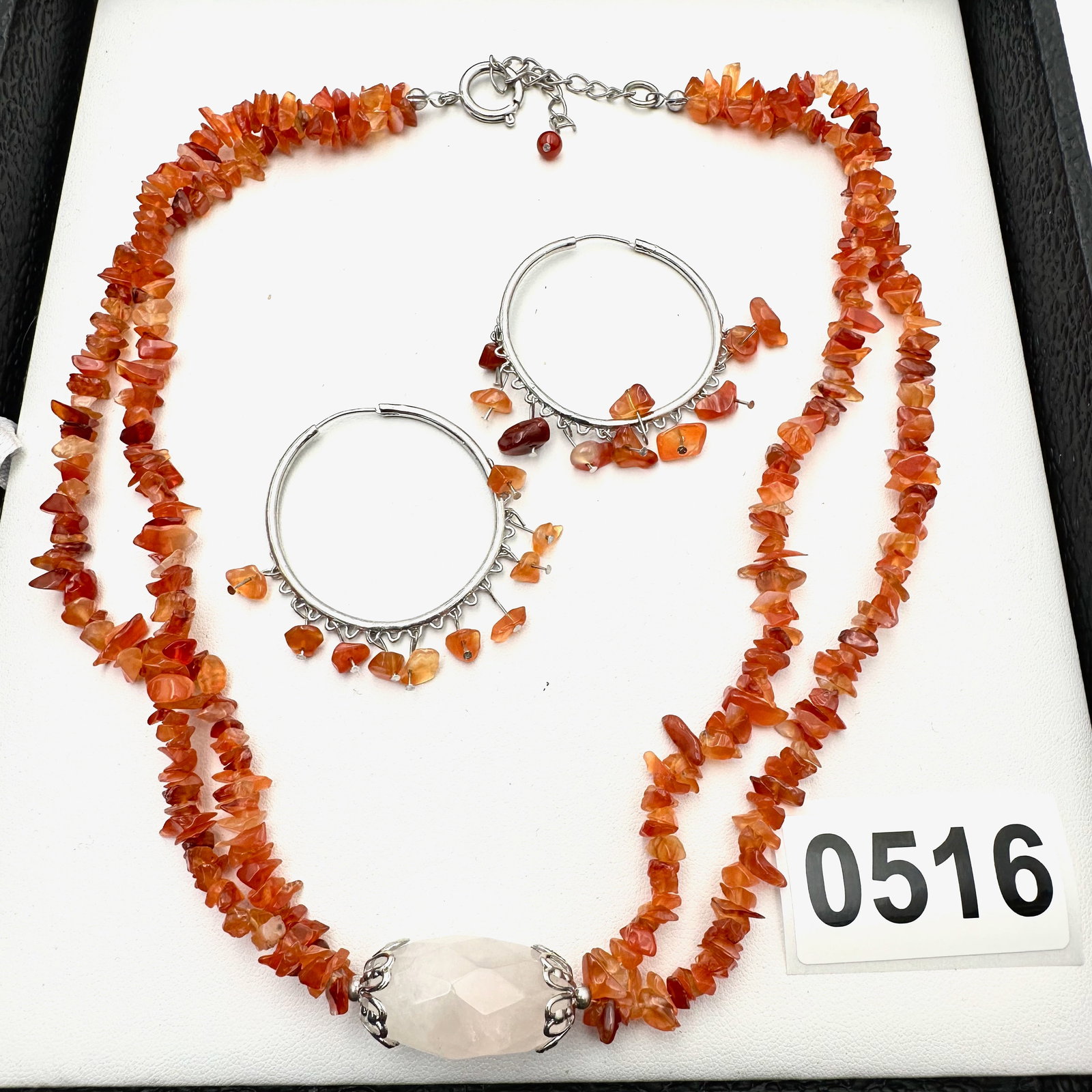 Carnelian Chip and Rose Quartz Bead Sterling Silver Necklace and Earrings (1 of 2)