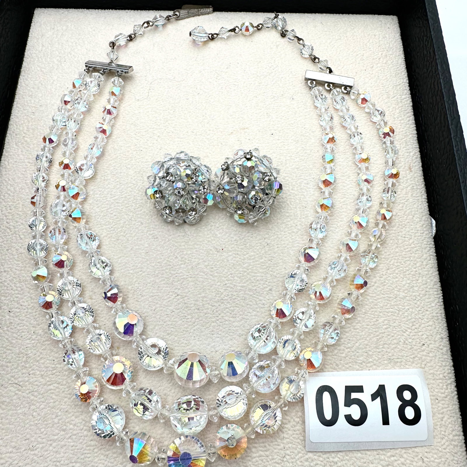 Vintage Aurora Borealis Crystal Silver tone Necklace and Clip Earrings (1 of 2)