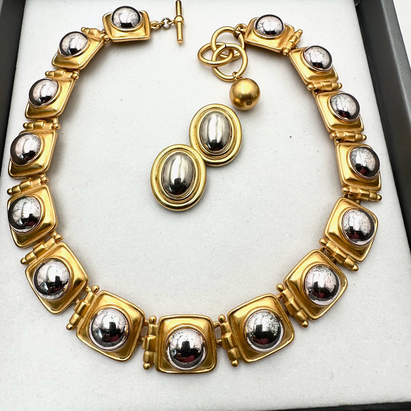 Vintage Anne Klein Silver and Gold Tone Necklace and Liz Claiborne Clip Earrings: Vintage Anne Klein Silver and Gold Tone Necklace and Liz Claiborne Clip Earrings