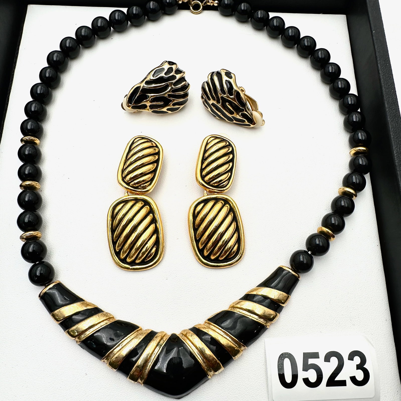 Vintage Black and Gold tone Statement Necklace and Coordinating Clip Earrings (1 of 2)