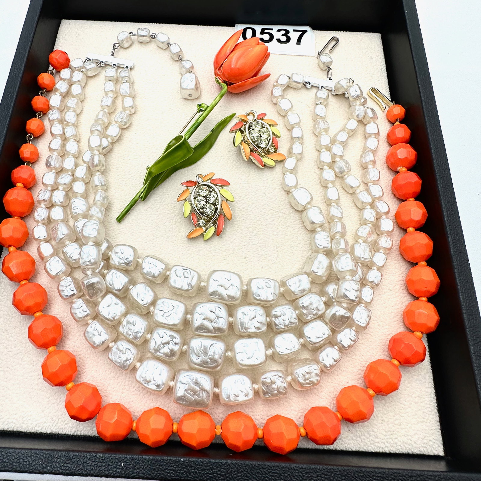 Vintage Retro Mid Century Orange Enamel Flower Brooch Pin Coordinating Clip Earrings and Necklaces (1 of 2)