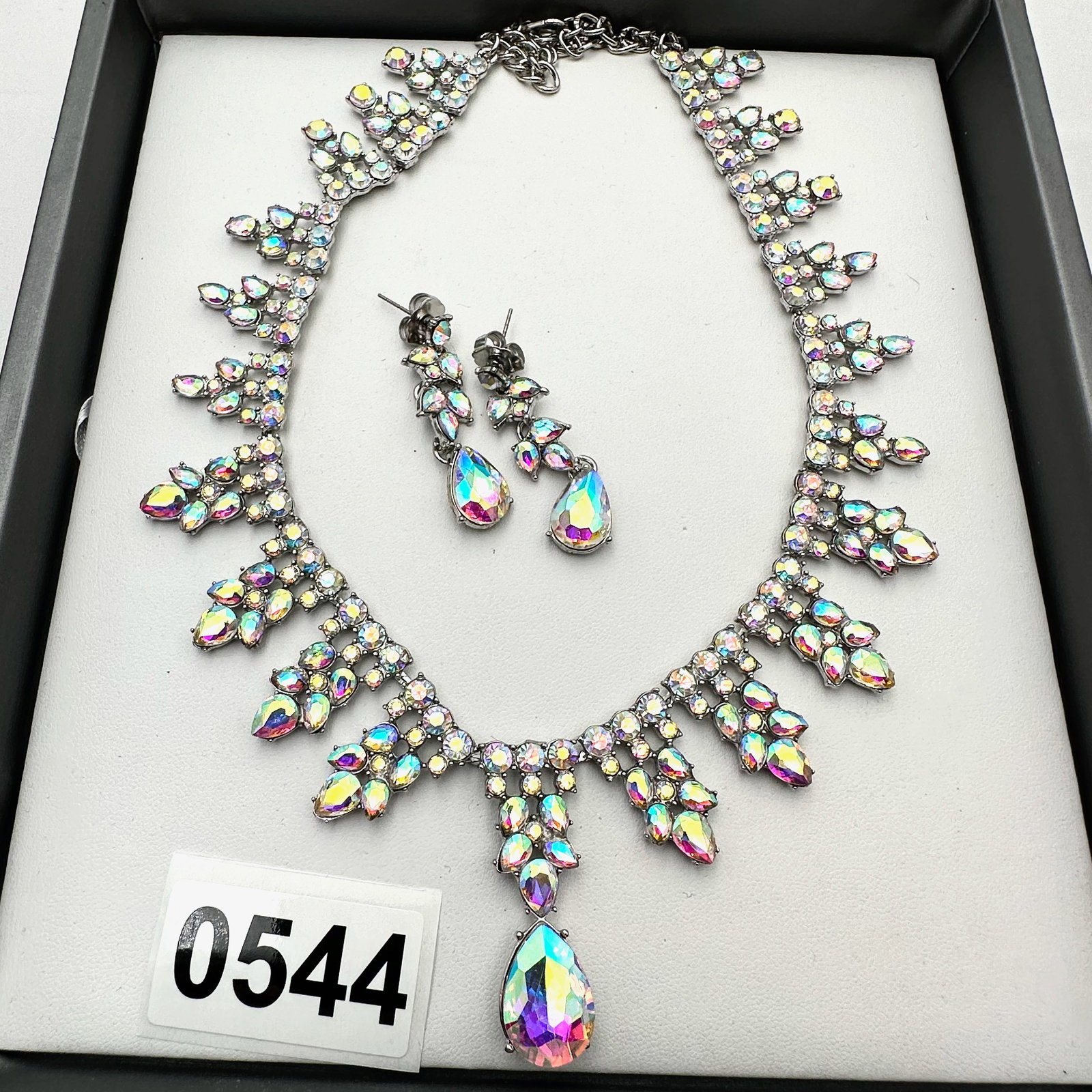 Aurora Borealis Silver Tone Statement Necklace and Pierced Earrings (1 of 2)