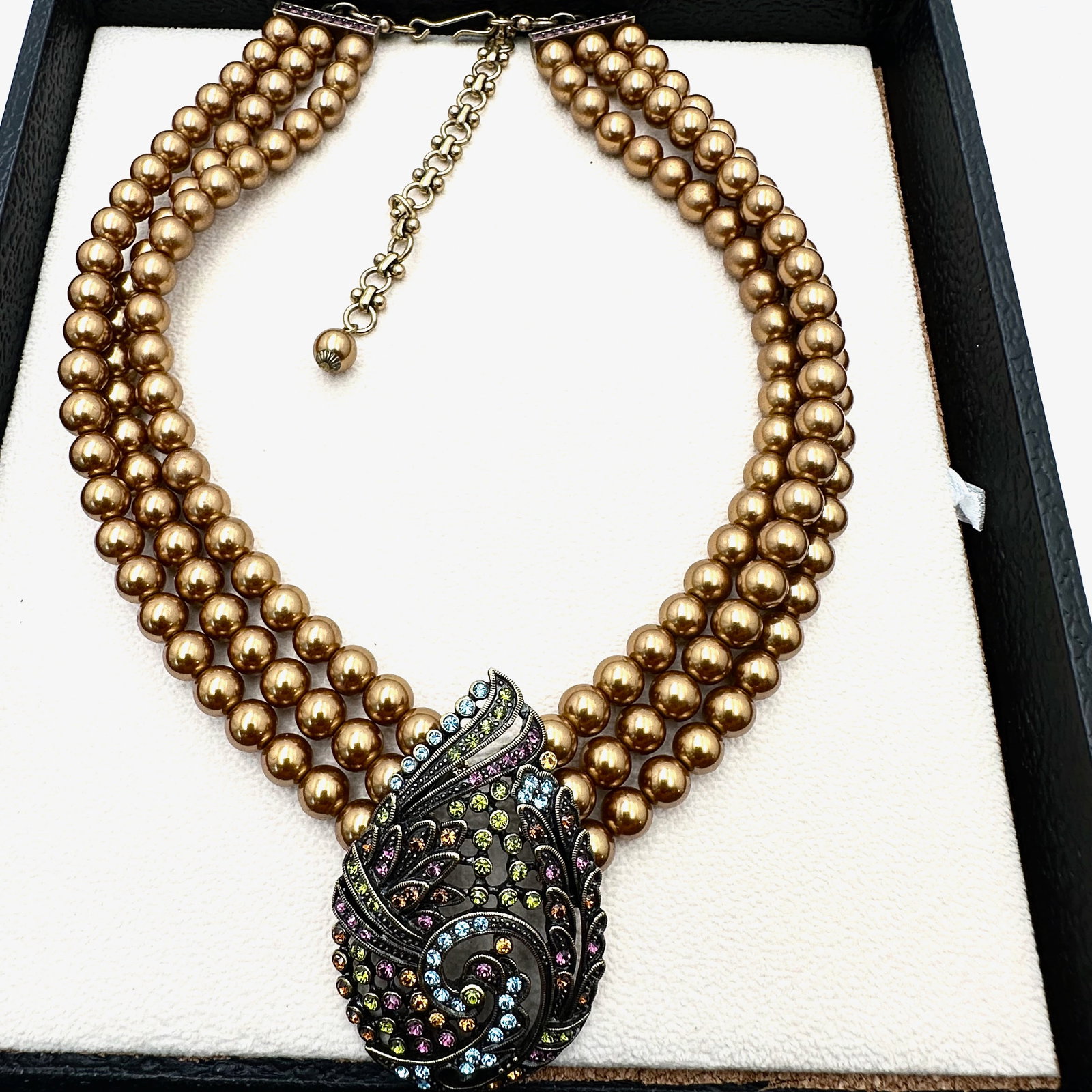 Heidi Daus Multicolor Crystal Pendant Bronze Tone Gold Faux Glass Pearl Necklace 16 to 19 Inches (1 of 2)