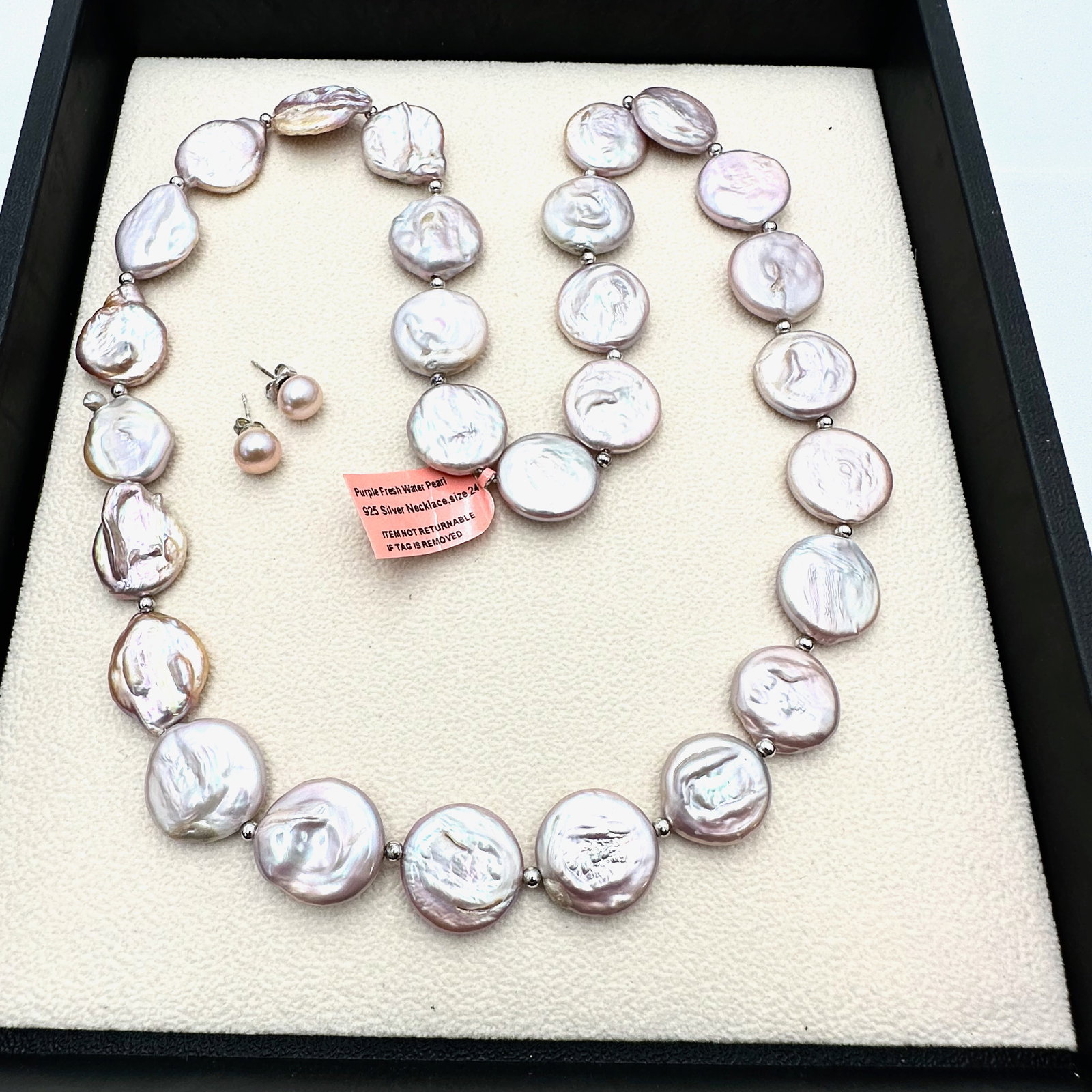 Light Pink Opalescent Freshwater Coin Pearl Necklace Sterling Silver and Stud Earrings (1 of 2)